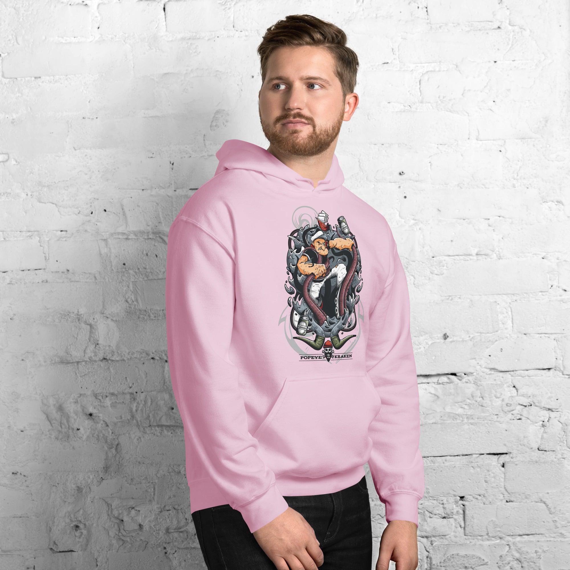 Felpa Stampata Unisex con Cappuccio – Morbida – Design Popeye Vs Kraken-Biiply