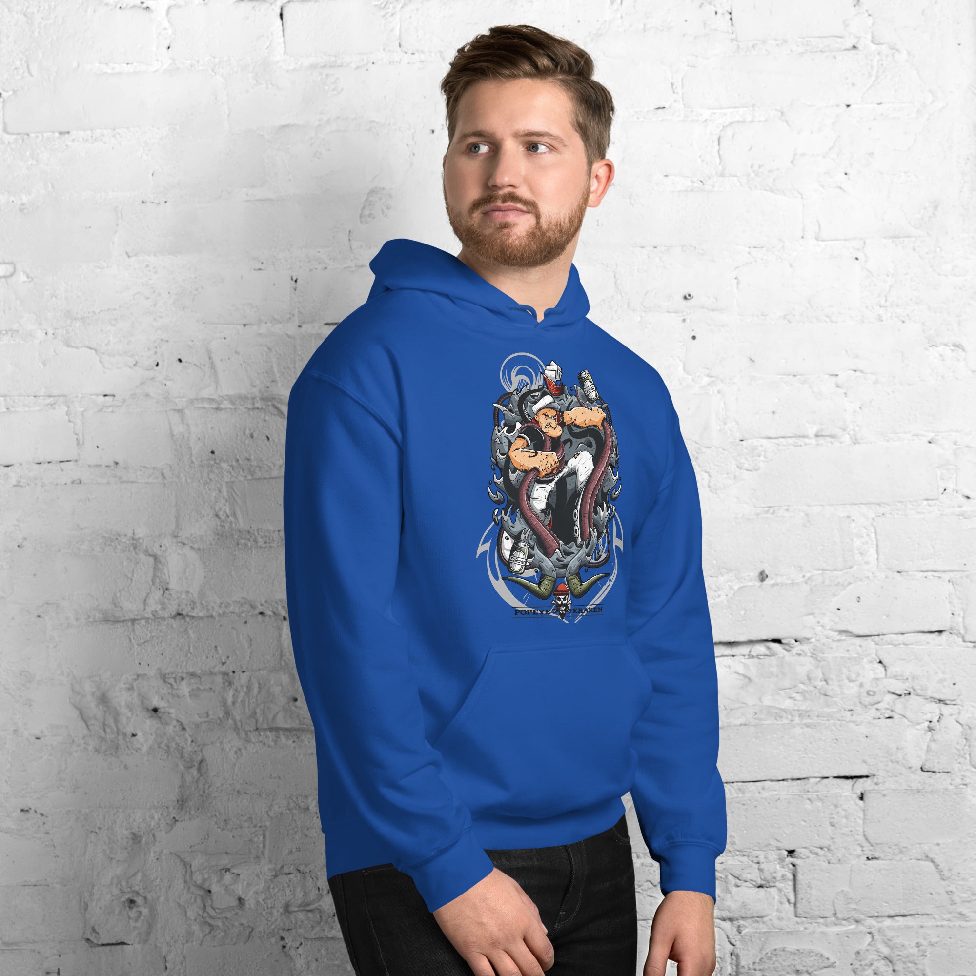 Felpa Stampata Unisex con Cappuccio – Morbida – Design Popeye Vs Kraken-Biiply