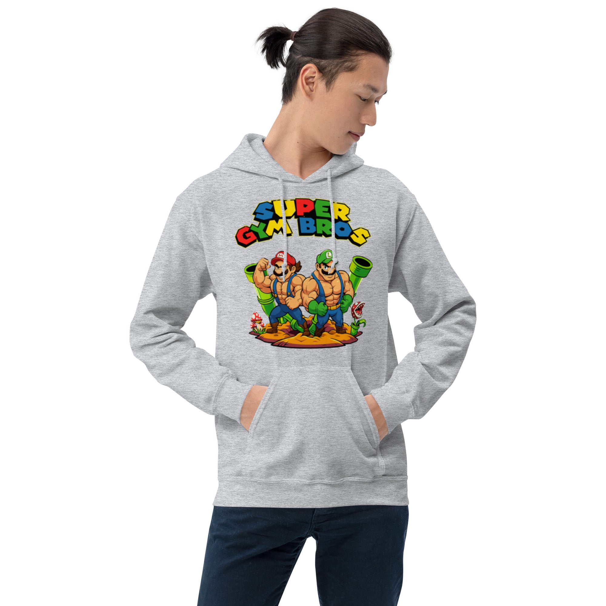 Felpa Stampata Unisex con Cappuccio – Morbida – Design Super Gym Bros-Biiply