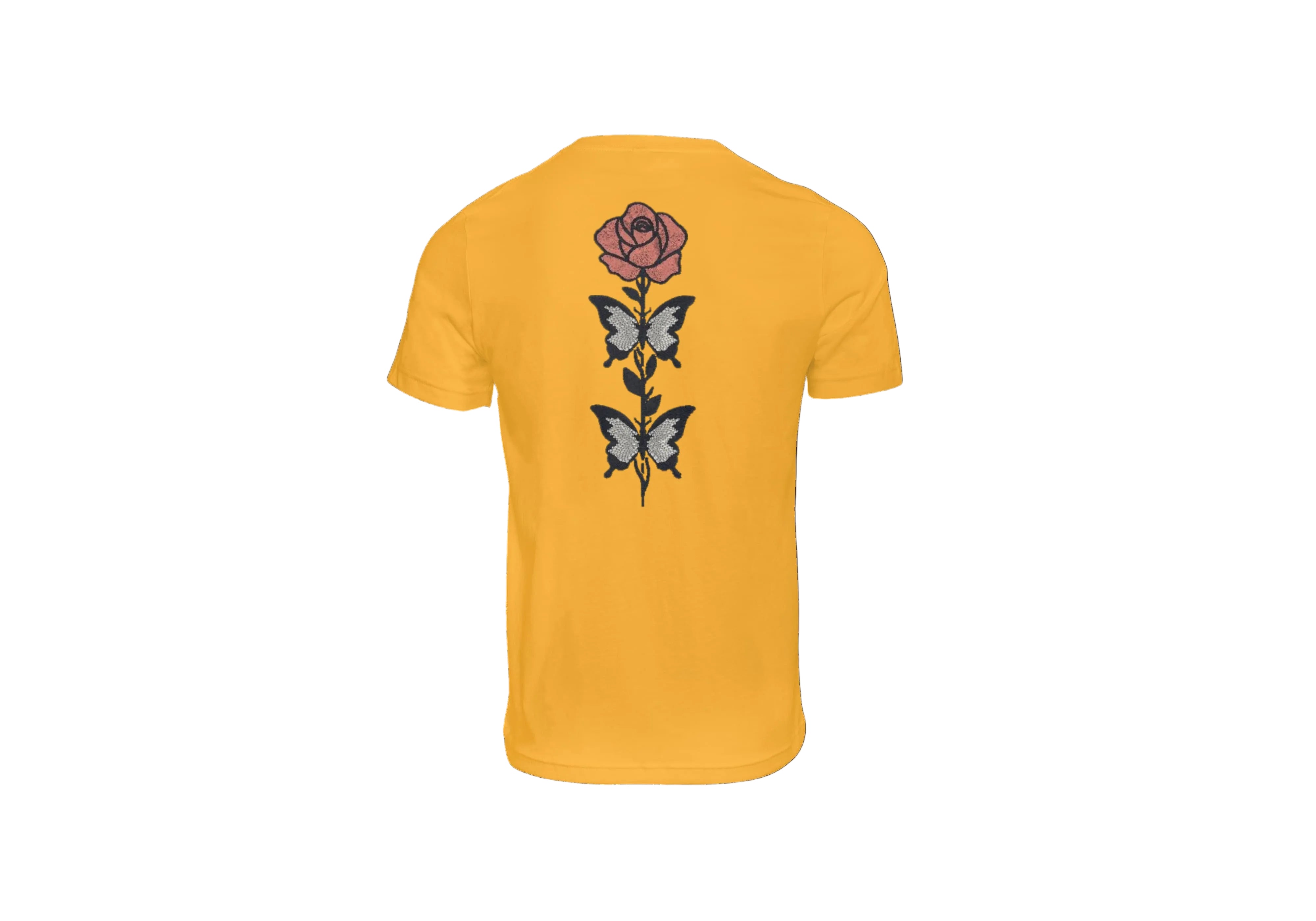 T-Shirt Unisex Ricamata sulla schiena 100% Cotone – Confortevole – Design rosa con foglie a farfalle