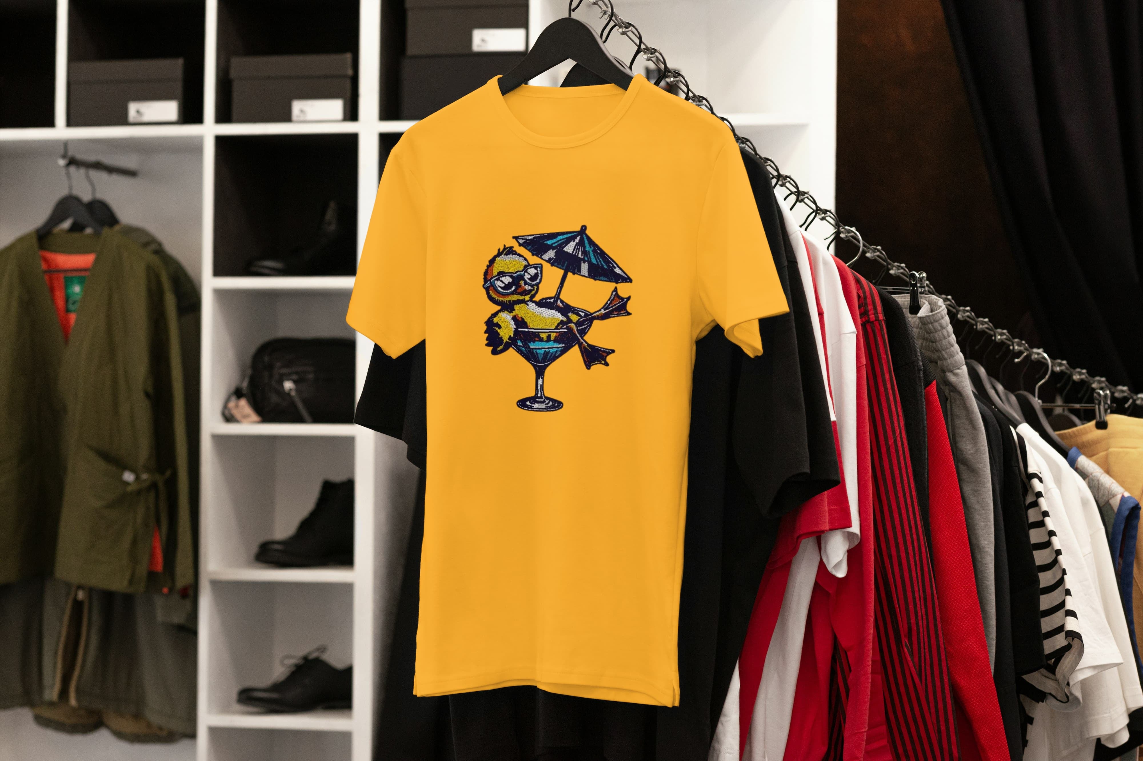 Unisex Embroidered T-Shirt 100% Cotton – Comfortable – Duck in Cocktail Design