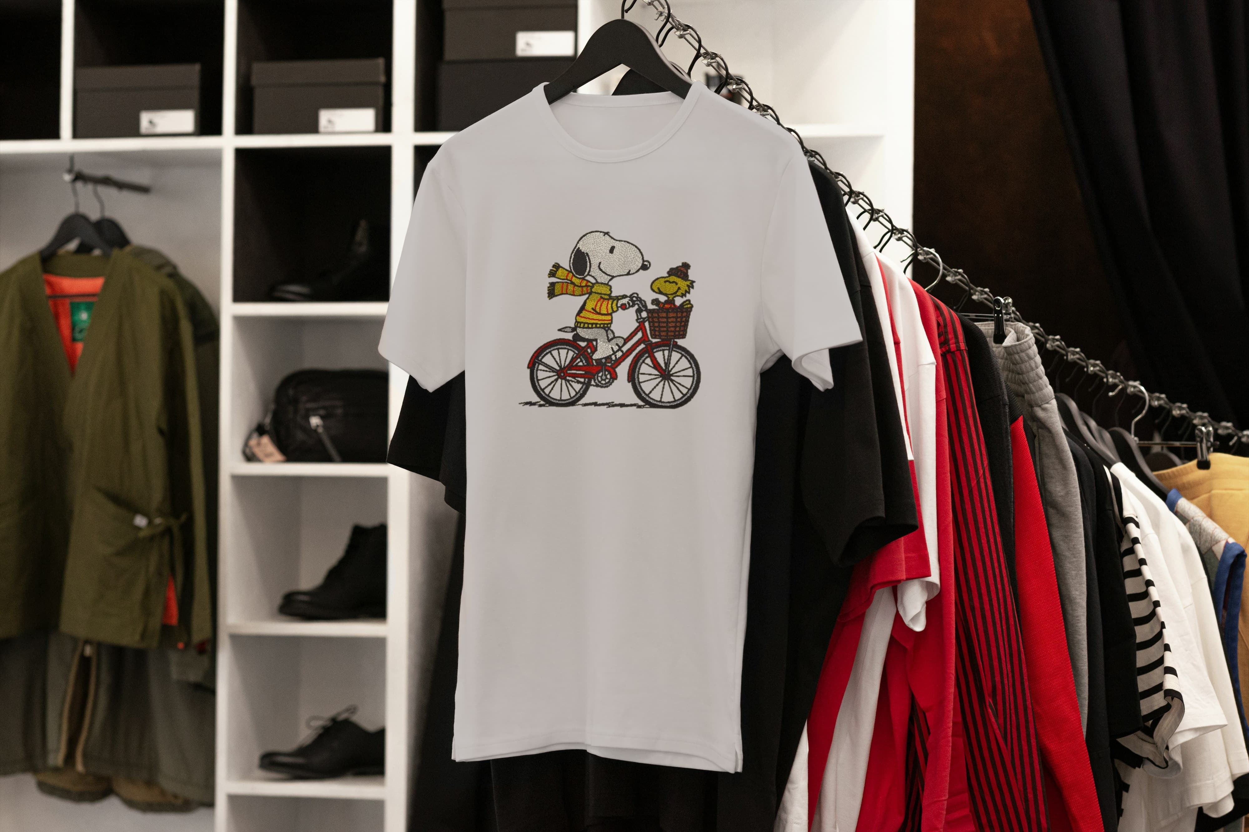 Unisex Embroidered T-Shirt 100% Cotton – Comfortable – Snoopy on Bike Design