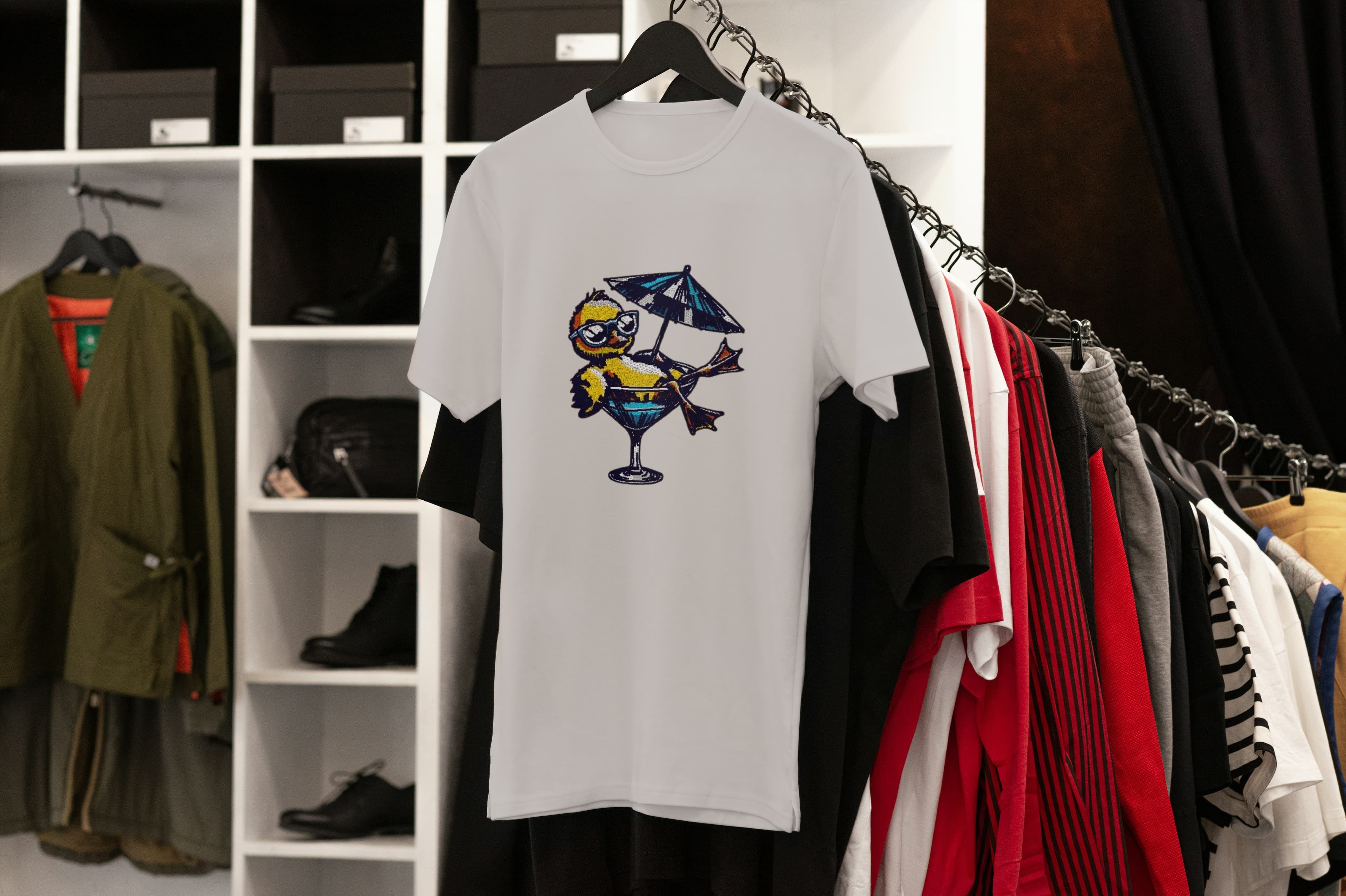 Unisex Embroidered T-Shirt 100% Cotton – Comfortable – Duck in Cocktail Design