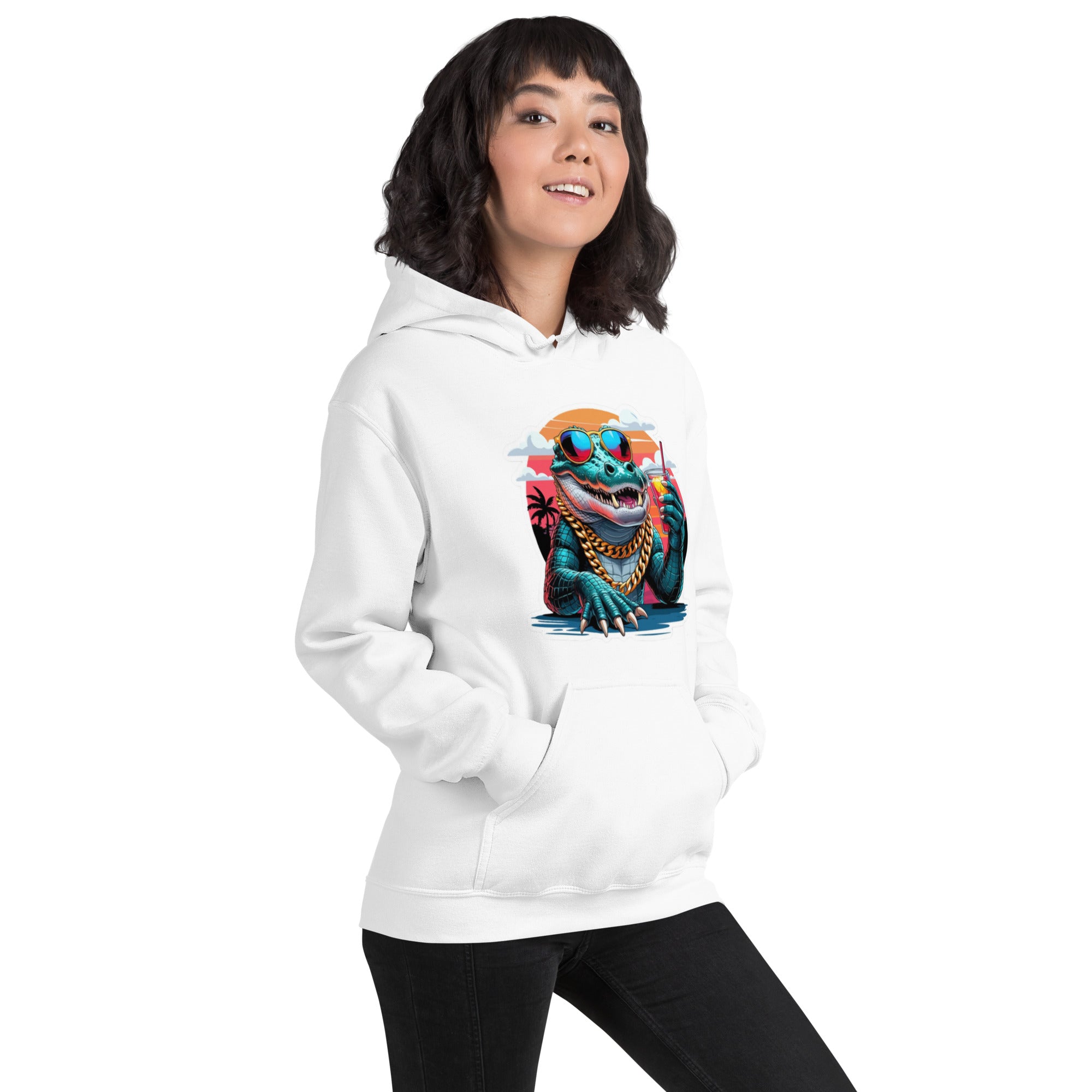 Foto di - Felpa Stampata Unisex – Morbida con Cappuccio e Tasca Frontale – Stile Streetwear – Coccodrillo Cool-DTG-Biiply