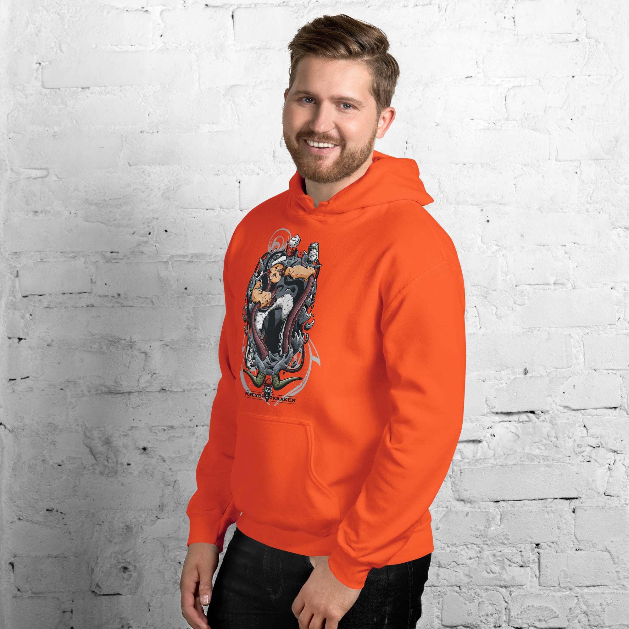 Foto di - Felpa stampata Unisex – Morbida con Cappuccio e Tasca Frontale – Stile Streetwear – Popeye Vs Kraken-DTG-Biiply