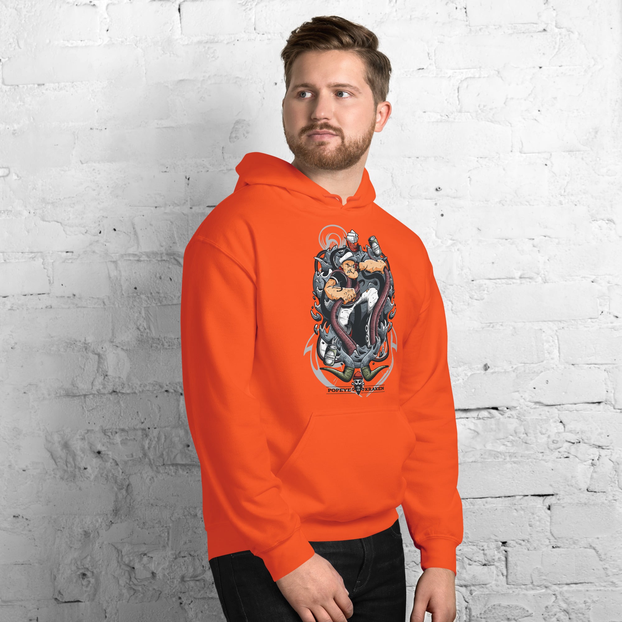 Foto di - Felpa stampata Unisex – Morbida con Cappuccio e Tasca Frontale – Stile Streetwear – Popeye Vs Kraken-DTG-Biiply