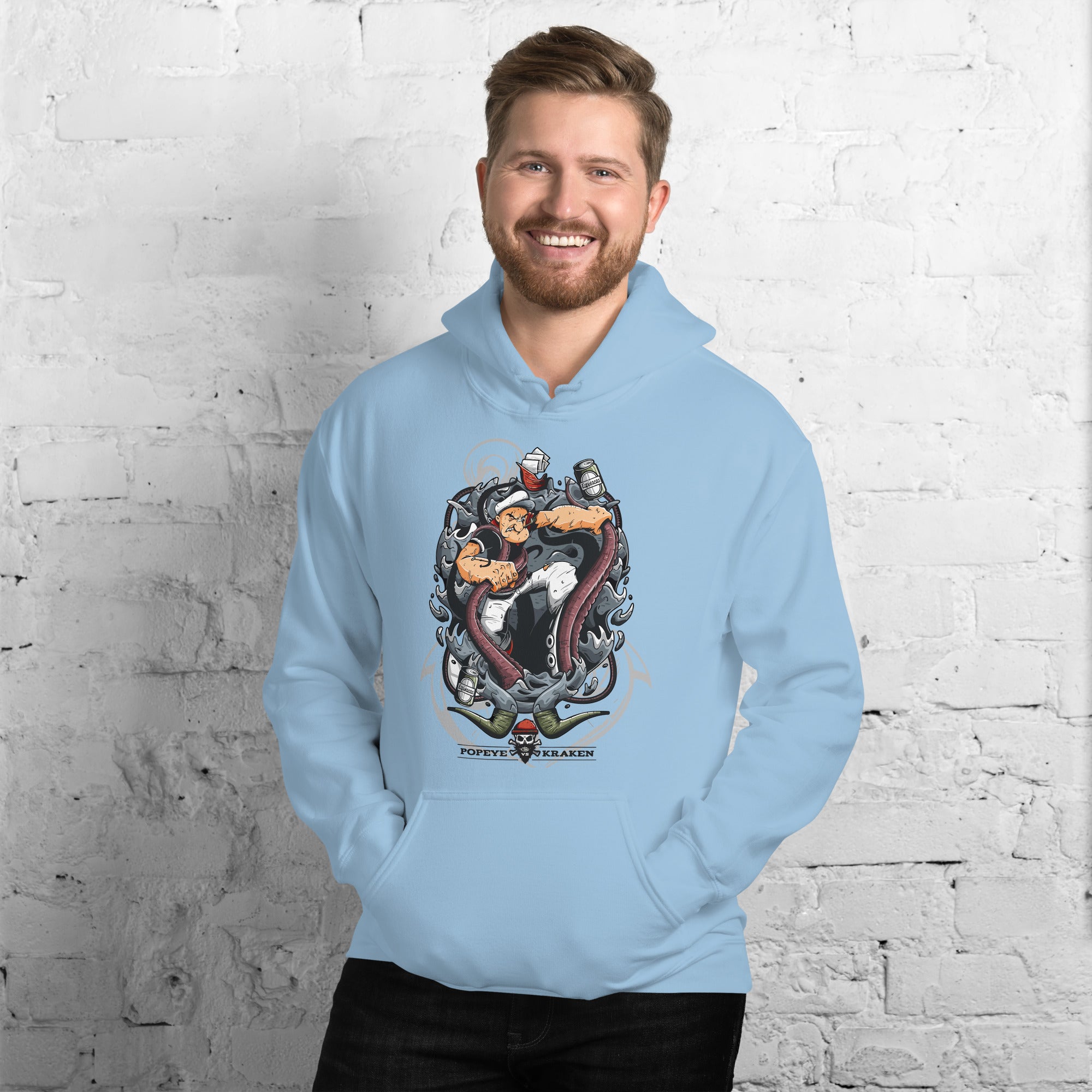 Foto di - Felpa stampata Unisex – Morbida con Cappuccio e Tasca Frontale – Stile Streetwear – Popeye Vs Kraken-DTG-Biiply