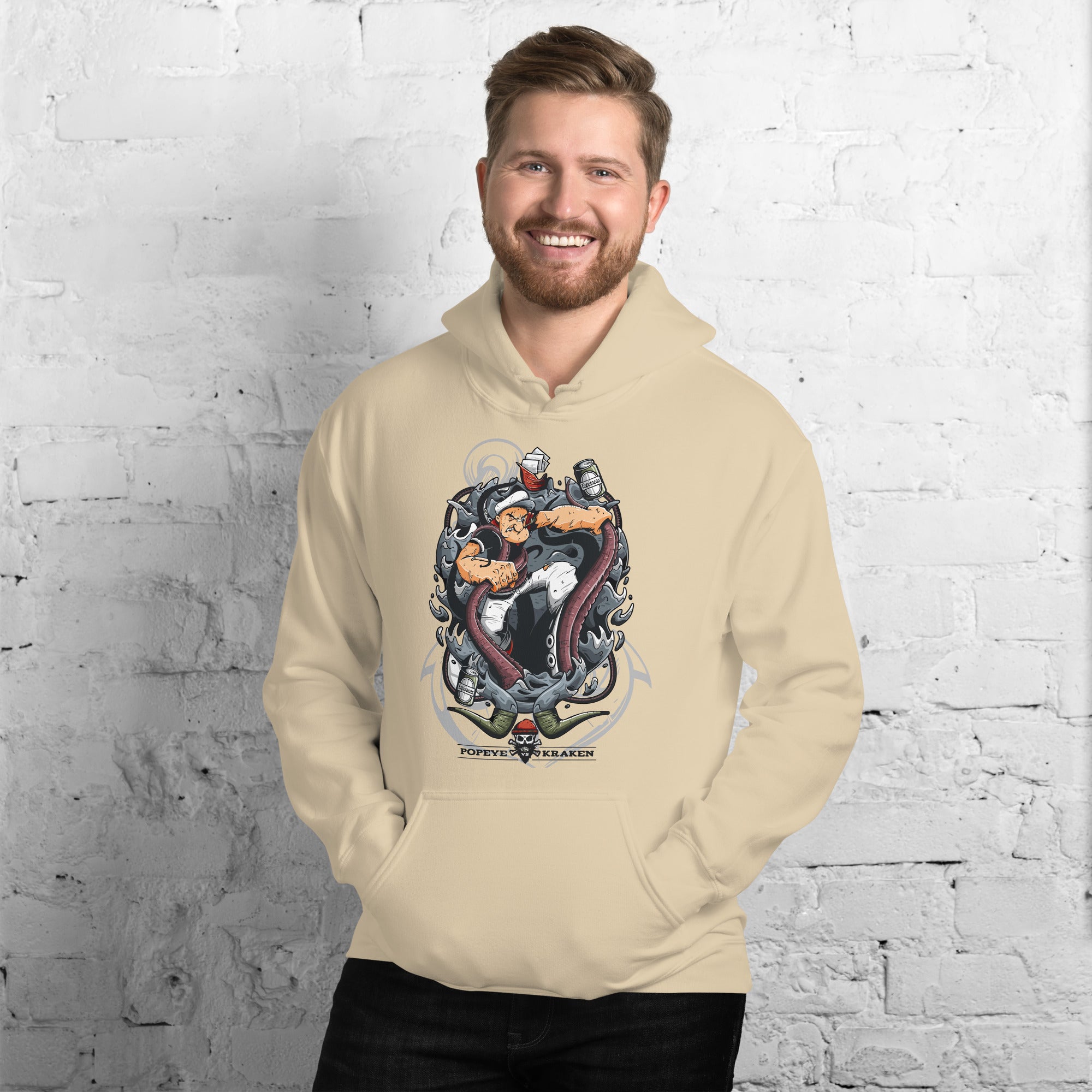 Foto di - Felpa stampata Unisex – Morbida con Cappuccio e Tasca Frontale – Stile Streetwear – Popeye Vs Kraken-DTG-Biiply