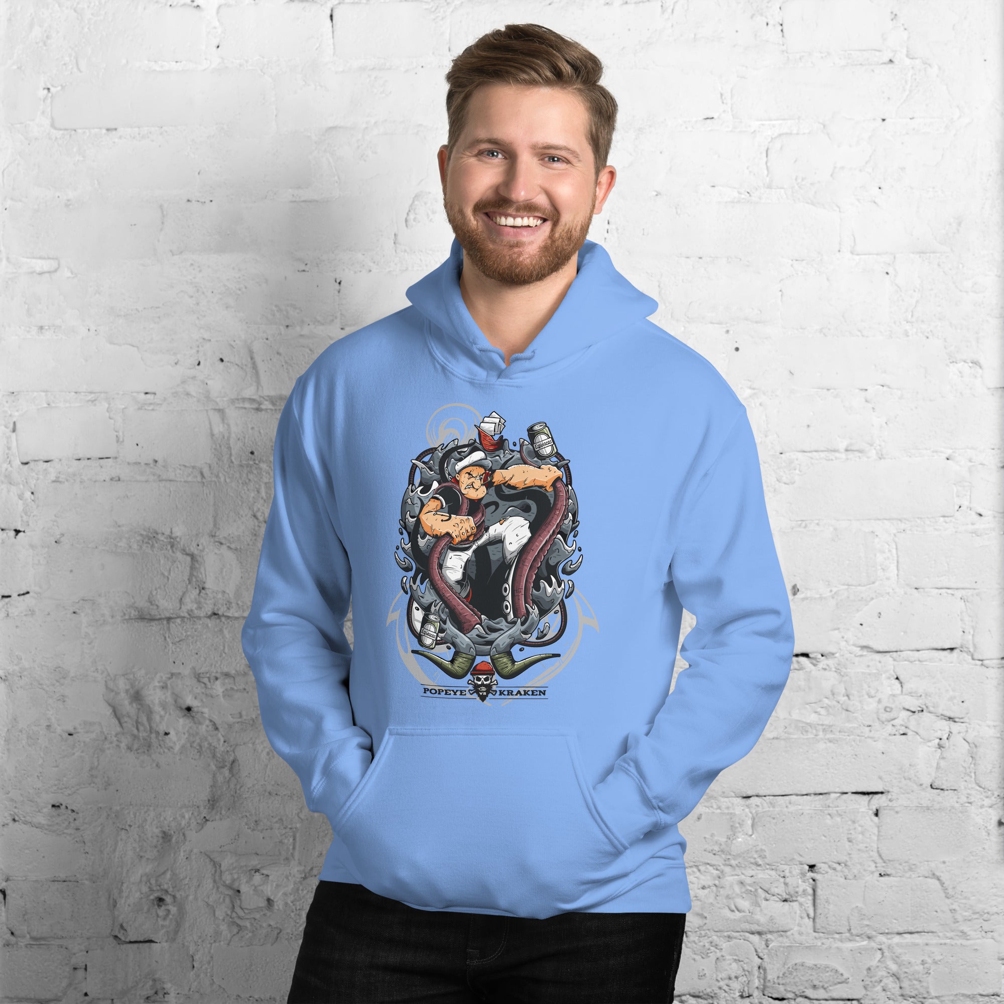 Foto di - Felpa stampata Unisex – Morbida con Cappuccio e Tasca Frontale – Stile Streetwear – Popeye Vs Kraken-DTG-Biiply