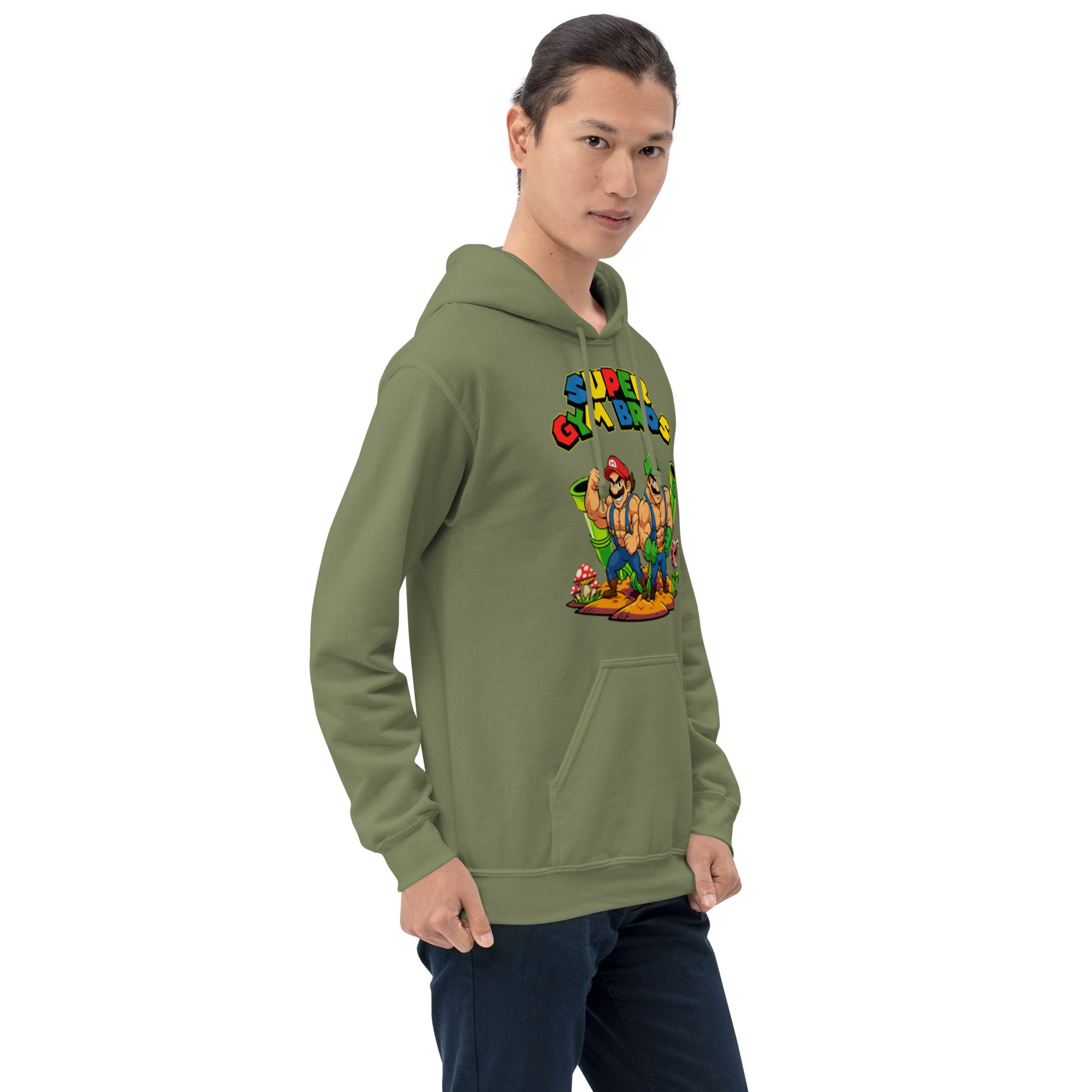 Foto di - Felpa stampata Unisex – Morbida con Cappuccio e Tasca Frontale – Stile Streetwear – Super Gym Bros-DTG-Biiply