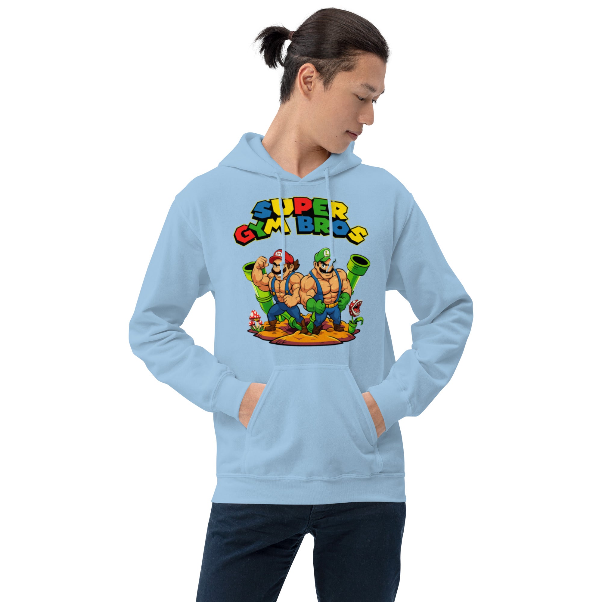 Foto di - Felpa stampata Unisex – Morbida con Cappuccio e Tasca Frontale – Stile Streetwear – Super Gym Bros-DTG-Biiply