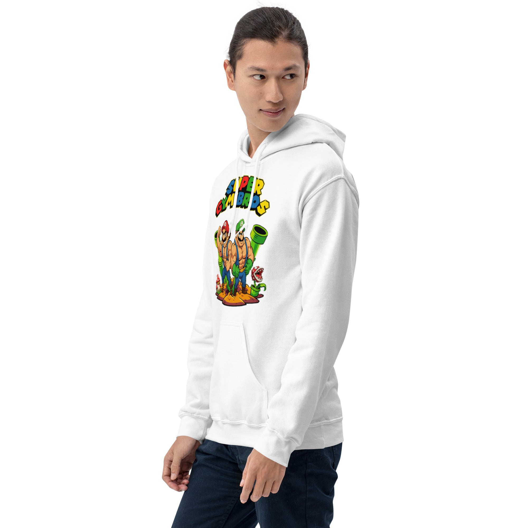 Foto di - Felpa stampata Unisex – Morbida con Cappuccio e Tasca Frontale – Stile Streetwear – Super Gym Bros-DTG-Biiply