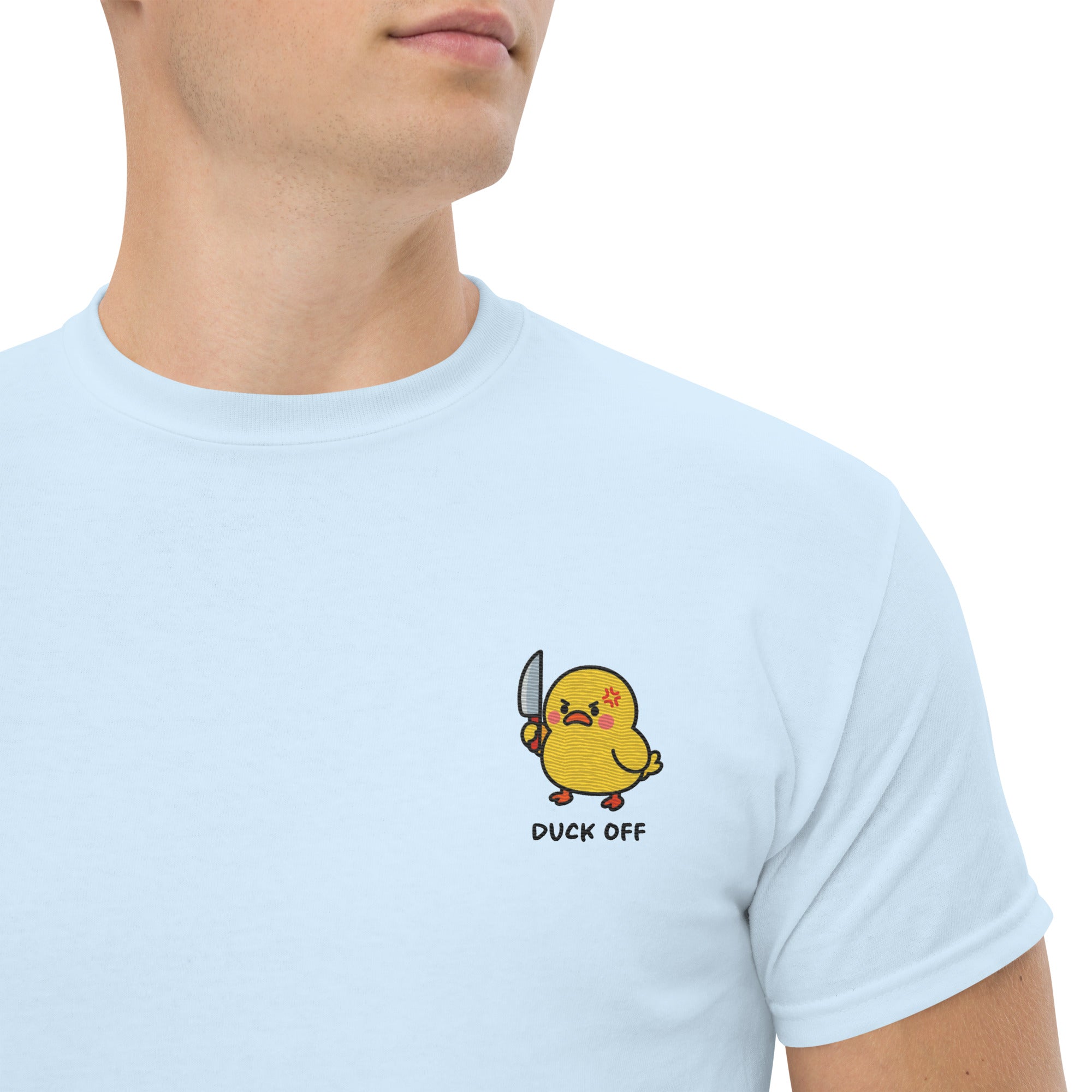 Foto di - T-shirt Ricamata Unisex – 100% Cotone – Stile Streetwear e Confortevole – Duck Off-Ricamati-Biiply-Blu Chiaro-S-Biiply