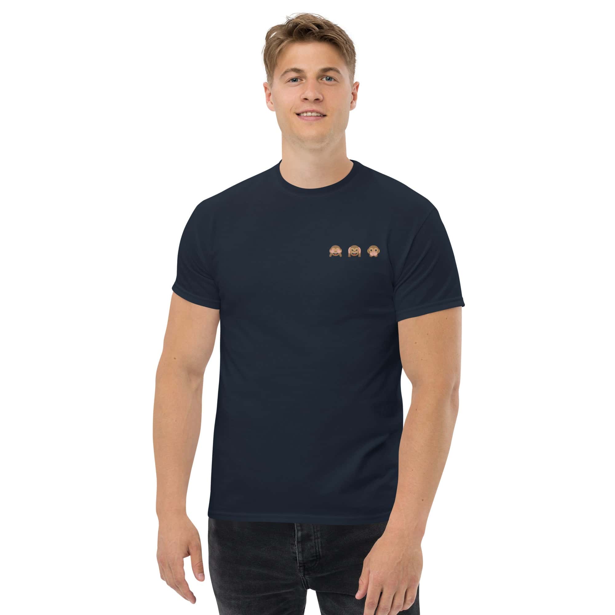 Foto di - T-shirt Ricamata Unisex – 100% Cotone – Stile Streetwear e Confortevole – Emoji scimmiette-Ricamati-Biiply