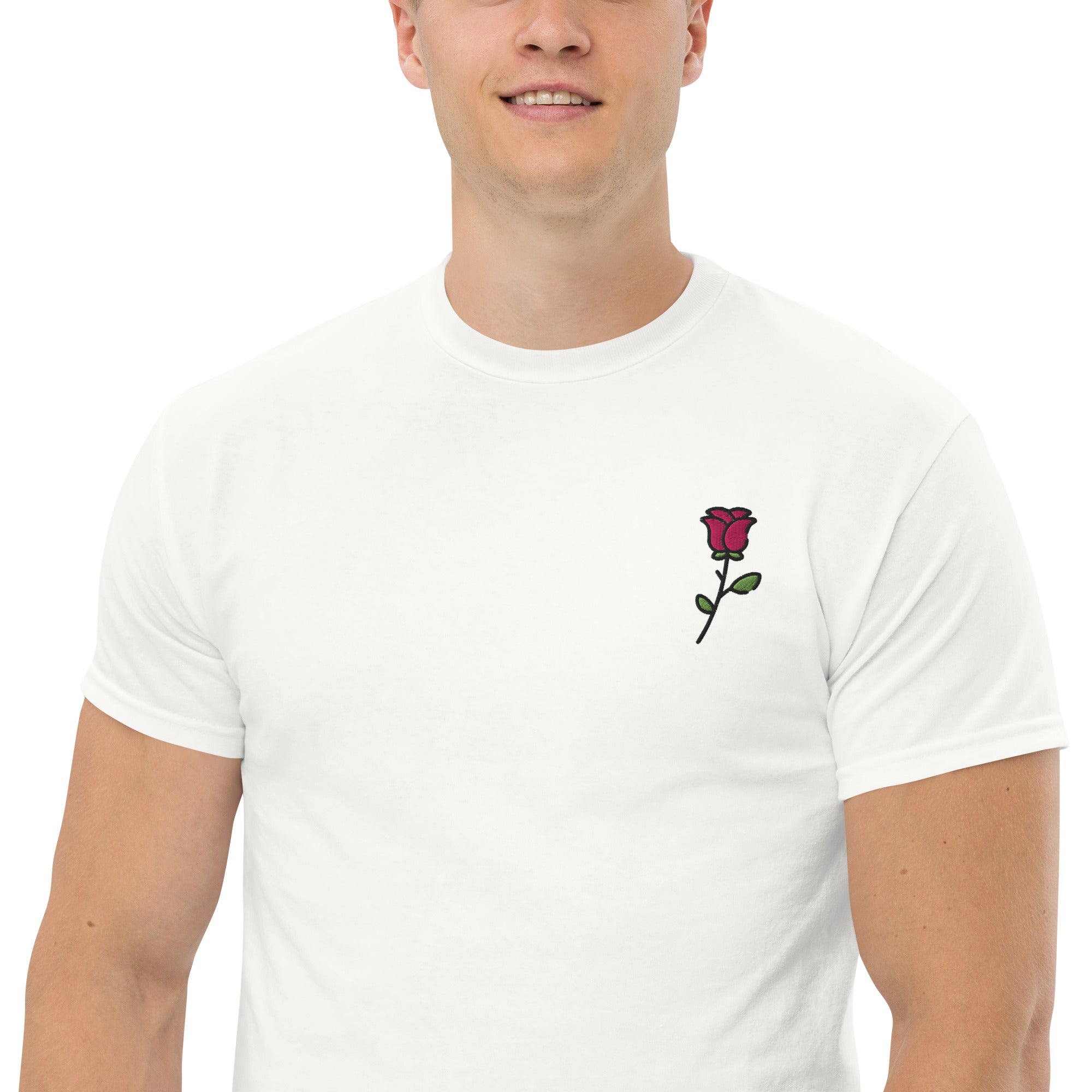 Foto di - T-shirt Ricamata Unisex – 100% Cotone – Stile Streetwear e Confortevole – Rosa con Gambo-Ricamati-Biiply