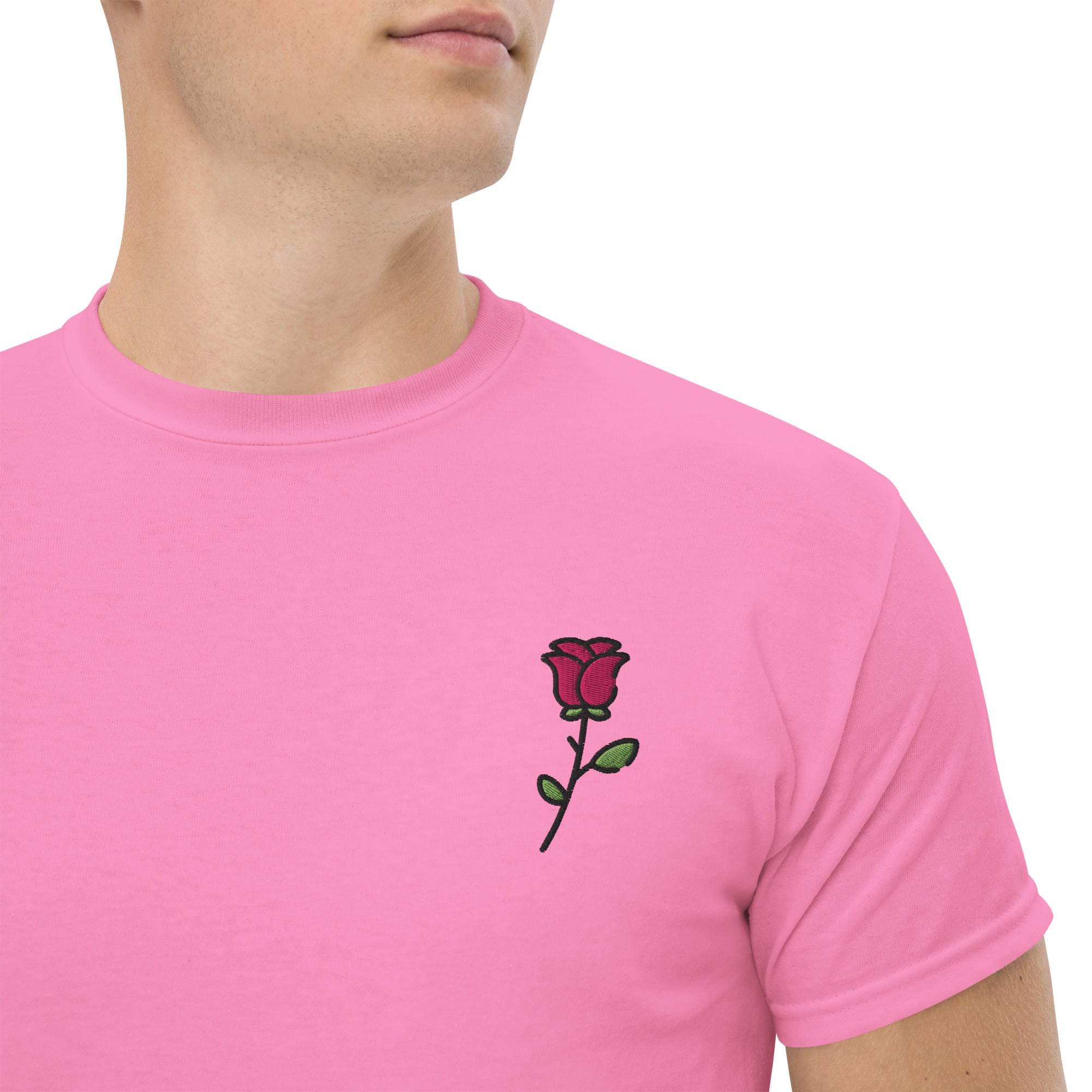 Foto di - T-shirt Ricamata Unisex – 100% Cotone – Stile Streetwear e Confortevole – Rosa con Gambo-Ricamati-Biiply