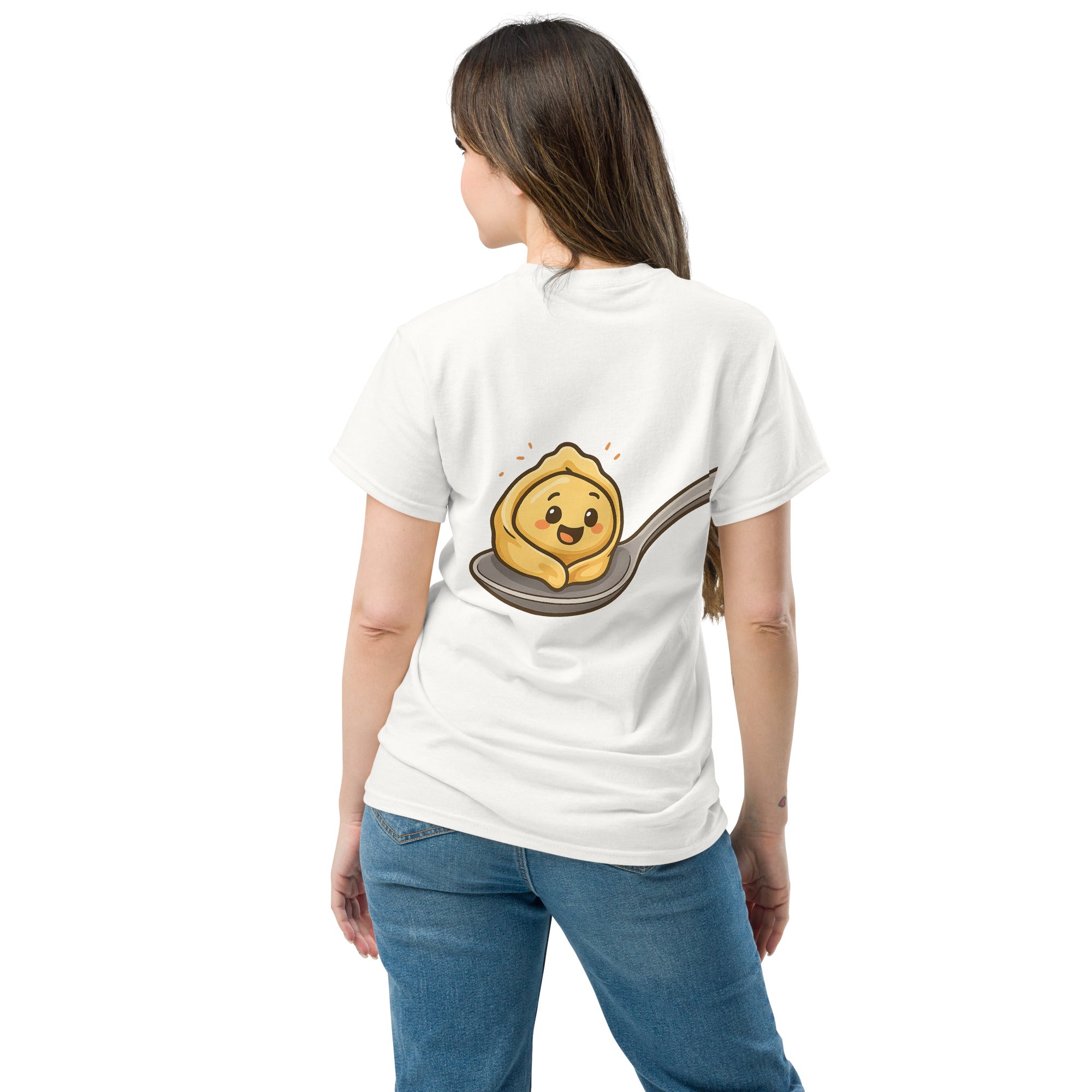 Foto di - T-shirt Stampata Posteriore Unisex – 100% Cotone – Stile Streetwear e Confortevole – Cucchiaio con Tortellino-DTG-Biiply