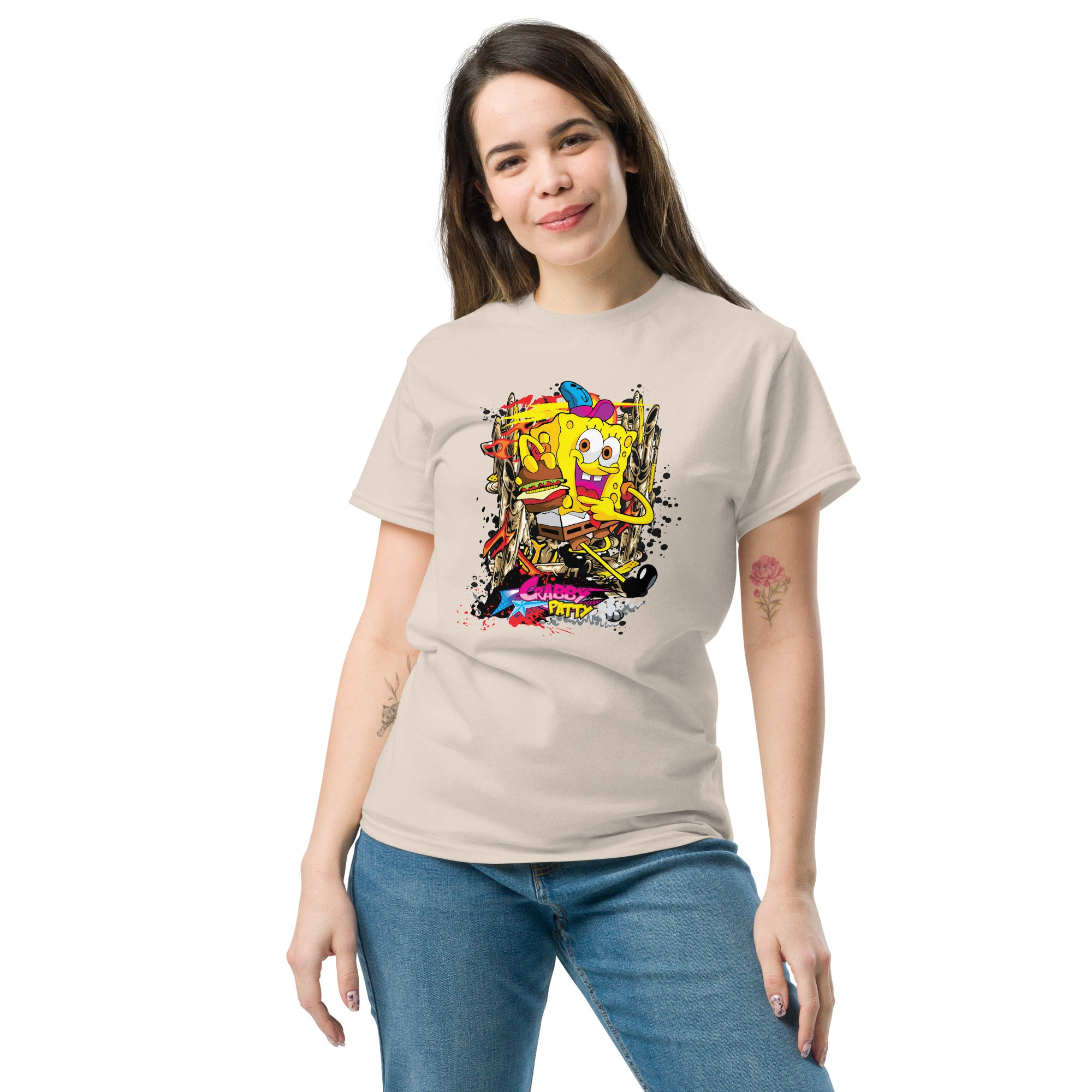 Foto di - T-shirt Stampata Unisex – 100% Cotone – Stile Streetwear e Confortevole – Crabby Patty-DTG-Biiply