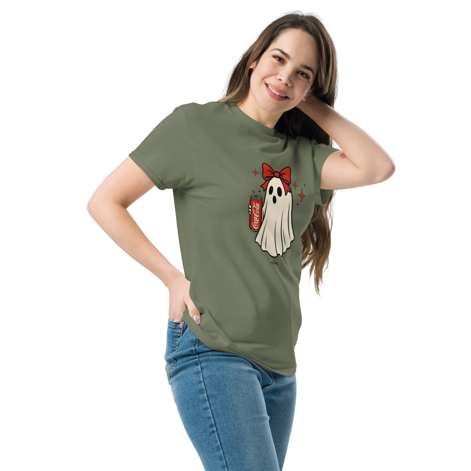 Foto di - T-shirt Stampata Unisex – 100% Cotone – Stile Streetwear e Confortevole – Fantasmino Con Drink-DTG-Biiply