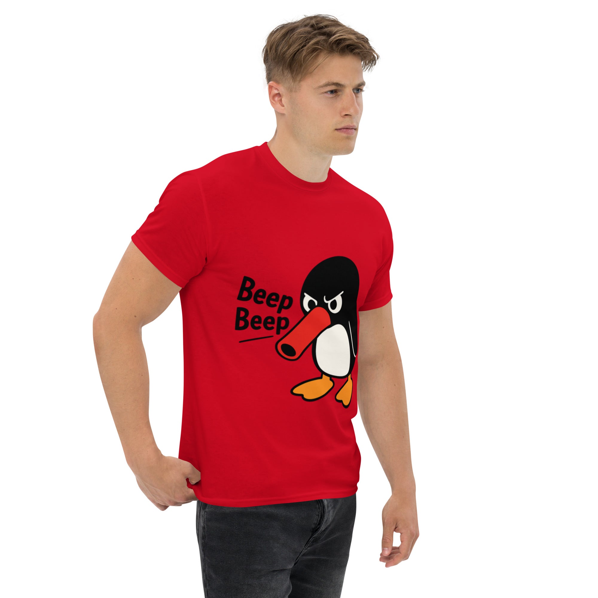 Foto di - T-shirt Stampata Unisex – 100% Cotone – Stile Streetwear e Confortevole – Pinguino Arrabbiato Beep Beep-DTG-Biiply