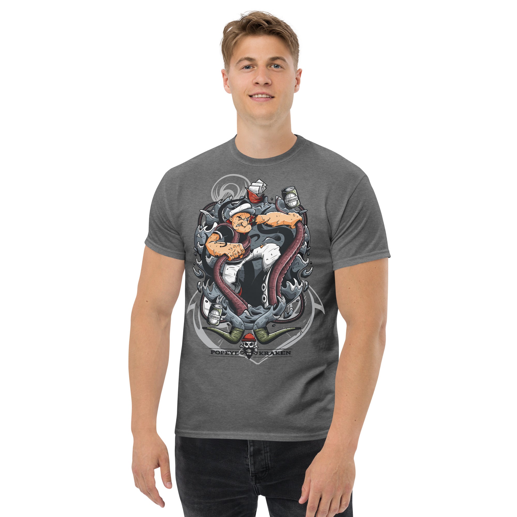 Foto di - T-shirt Stampata Unisex – 100% Cotone – Stile Streetwear e Confortevole – Popeye Vs Kraken-DTG-Biiply