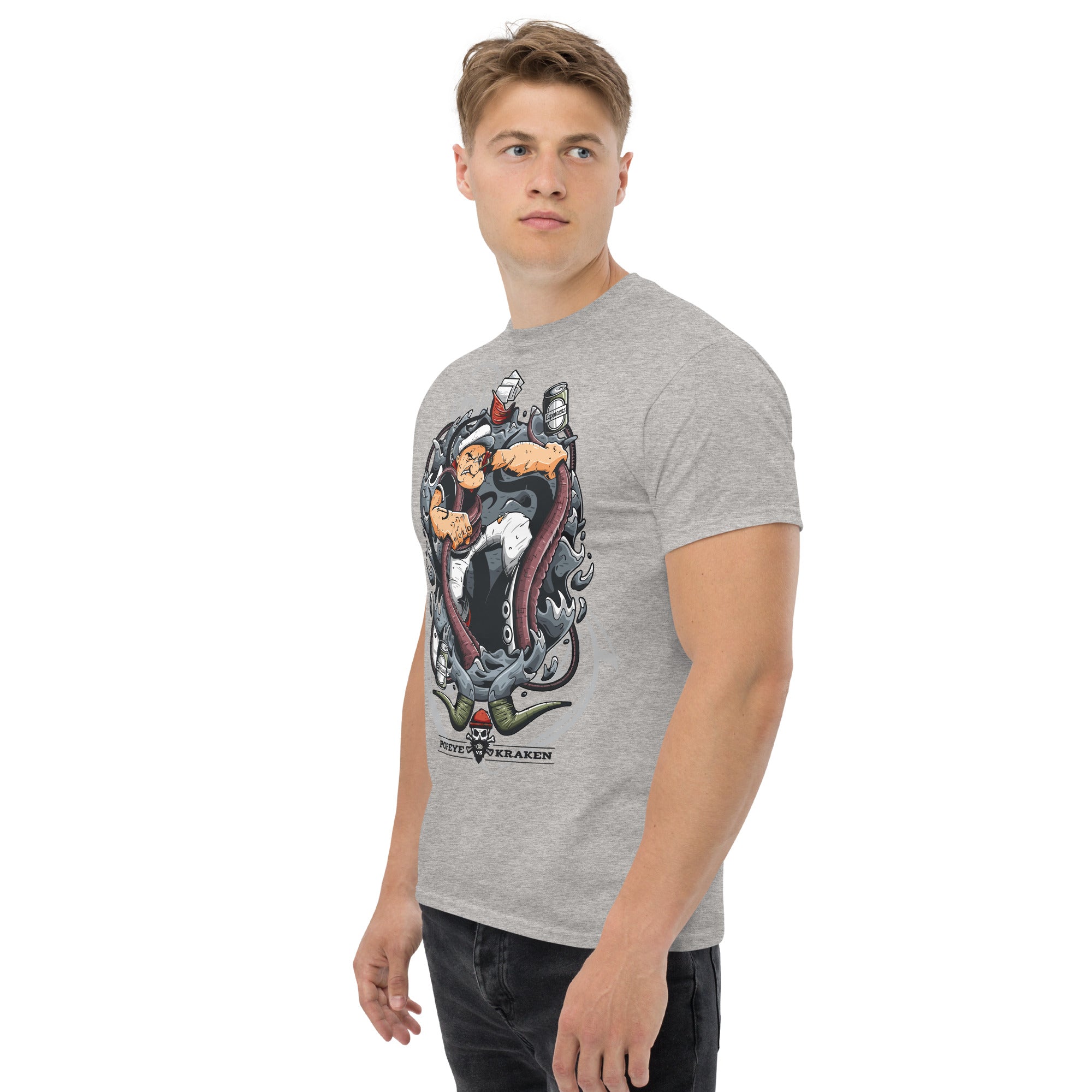 Foto di - T-shirt Stampata Unisex – 100% Cotone – Stile Streetwear e Confortevole – Popeye Vs Kraken-DTG-Biiply