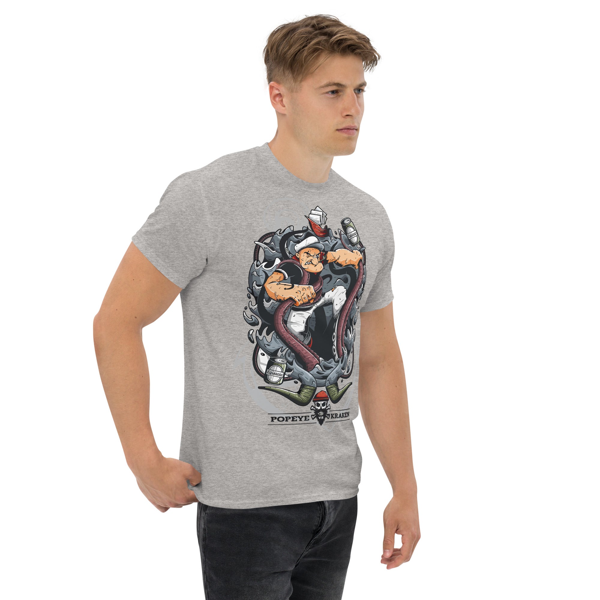 Foto di - T-shirt Stampata Unisex – 100% Cotone – Stile Streetwear e Confortevole – Popeye Vs Kraken-DTG-Biiply