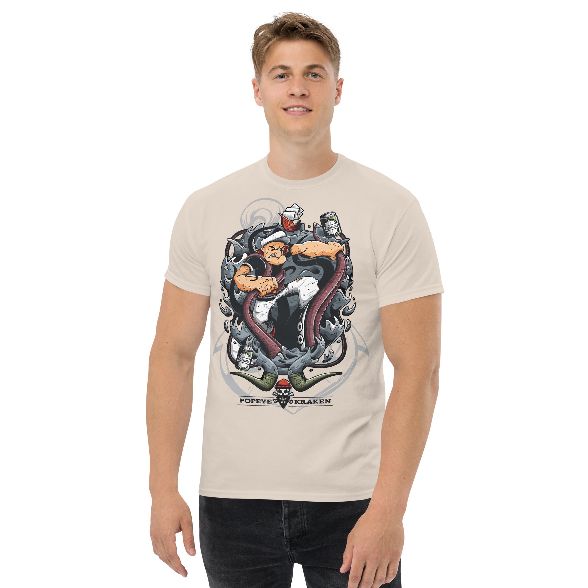 Foto di - T-shirt Stampata Unisex – 100% Cotone – Stile Streetwear e Confortevole – Popeye Vs Kraken-DTG-Biiply
