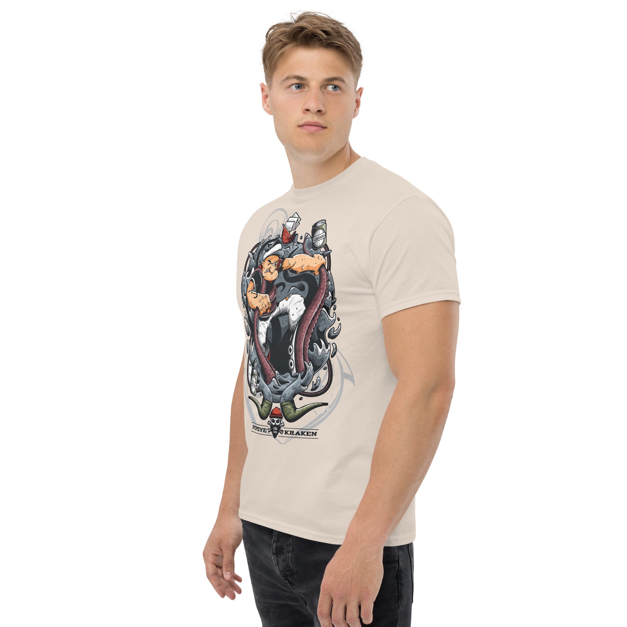 Foto di - T-shirt Stampata Unisex – 100% Cotone – Stile Streetwear e Confortevole – Popeye Vs Kraken-DTG-Biiply