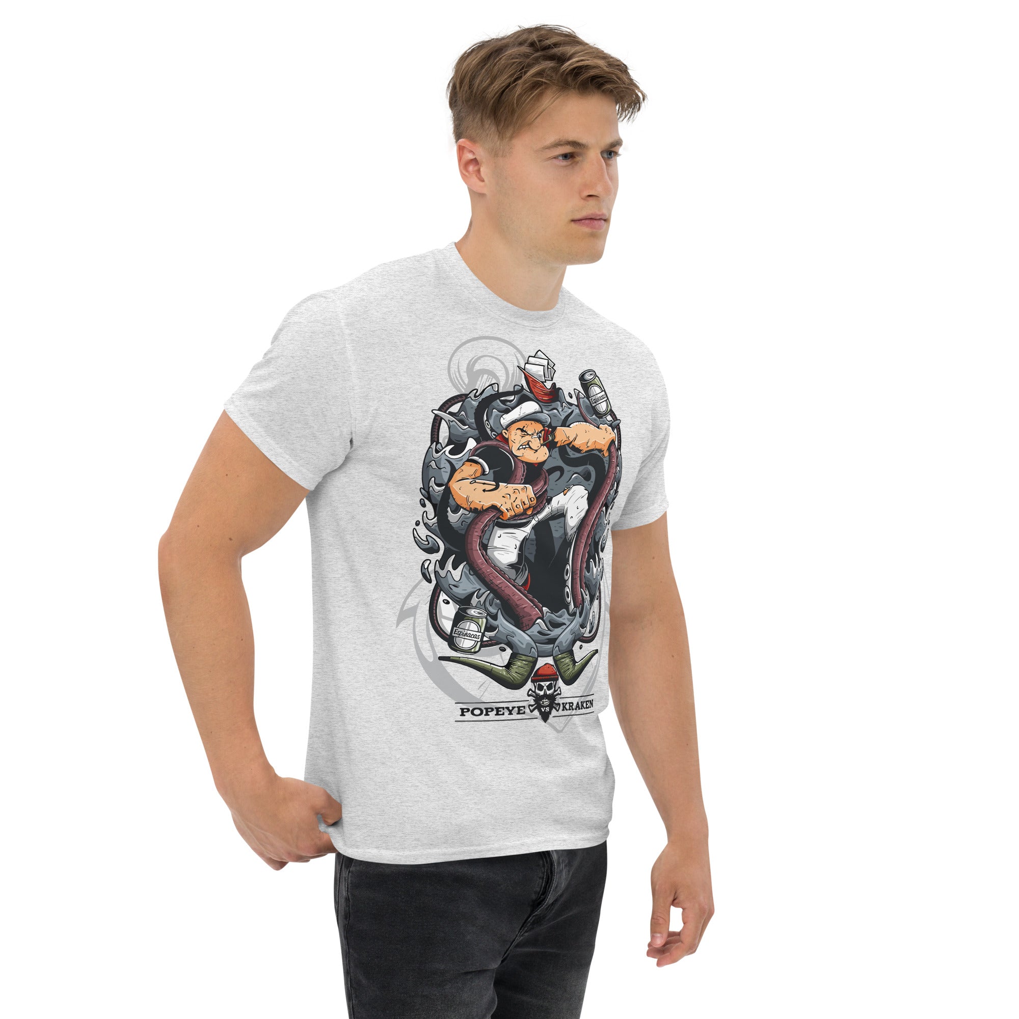 Foto di - T-shirt Stampata Unisex – 100% Cotone – Stile Streetwear e Confortevole – Popeye Vs Kraken-DTG-Biiply