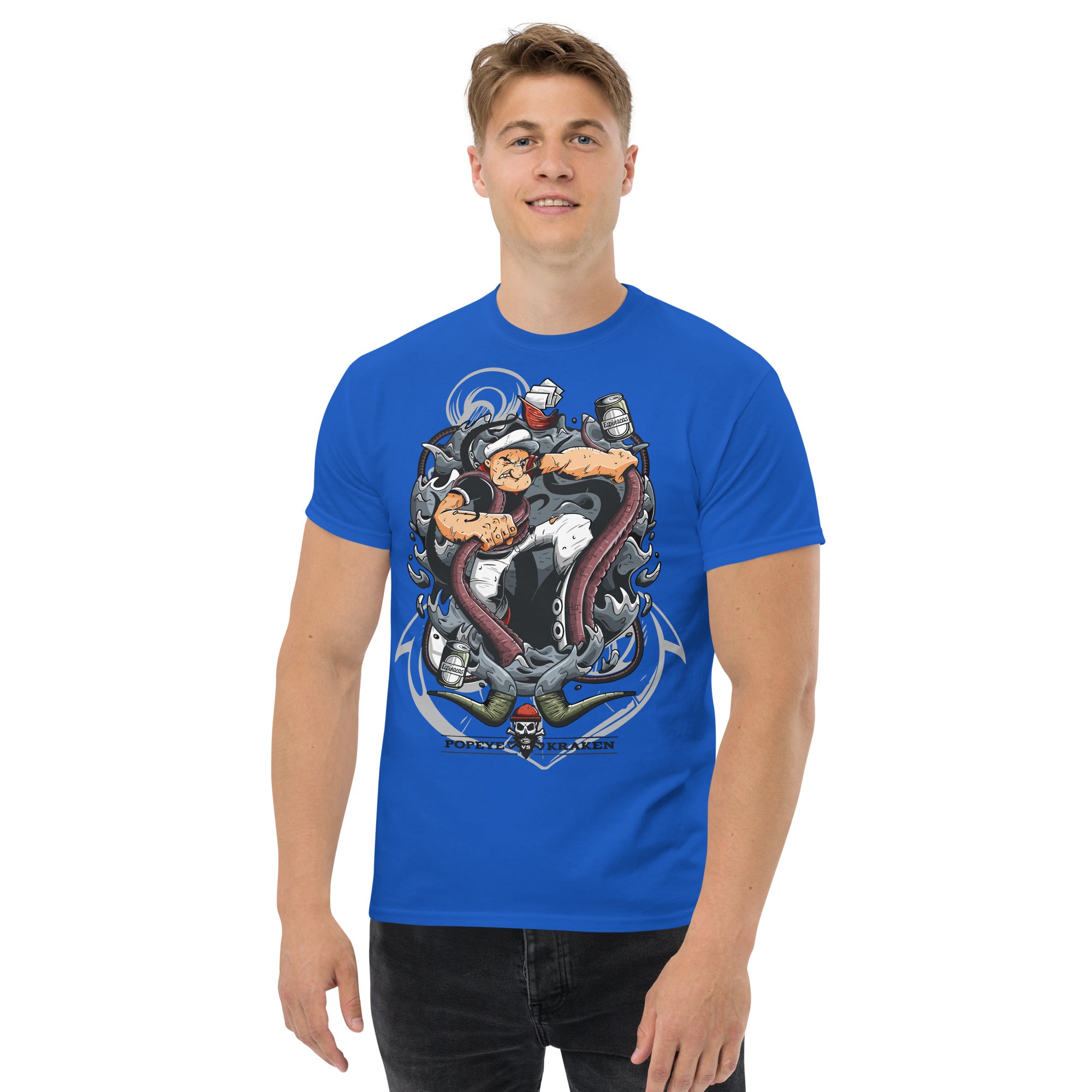 Foto di - T-shirt Stampata Unisex – 100% Cotone – Stile Streetwear e Confortevole – Popeye Vs Kraken-DTG-Biiply