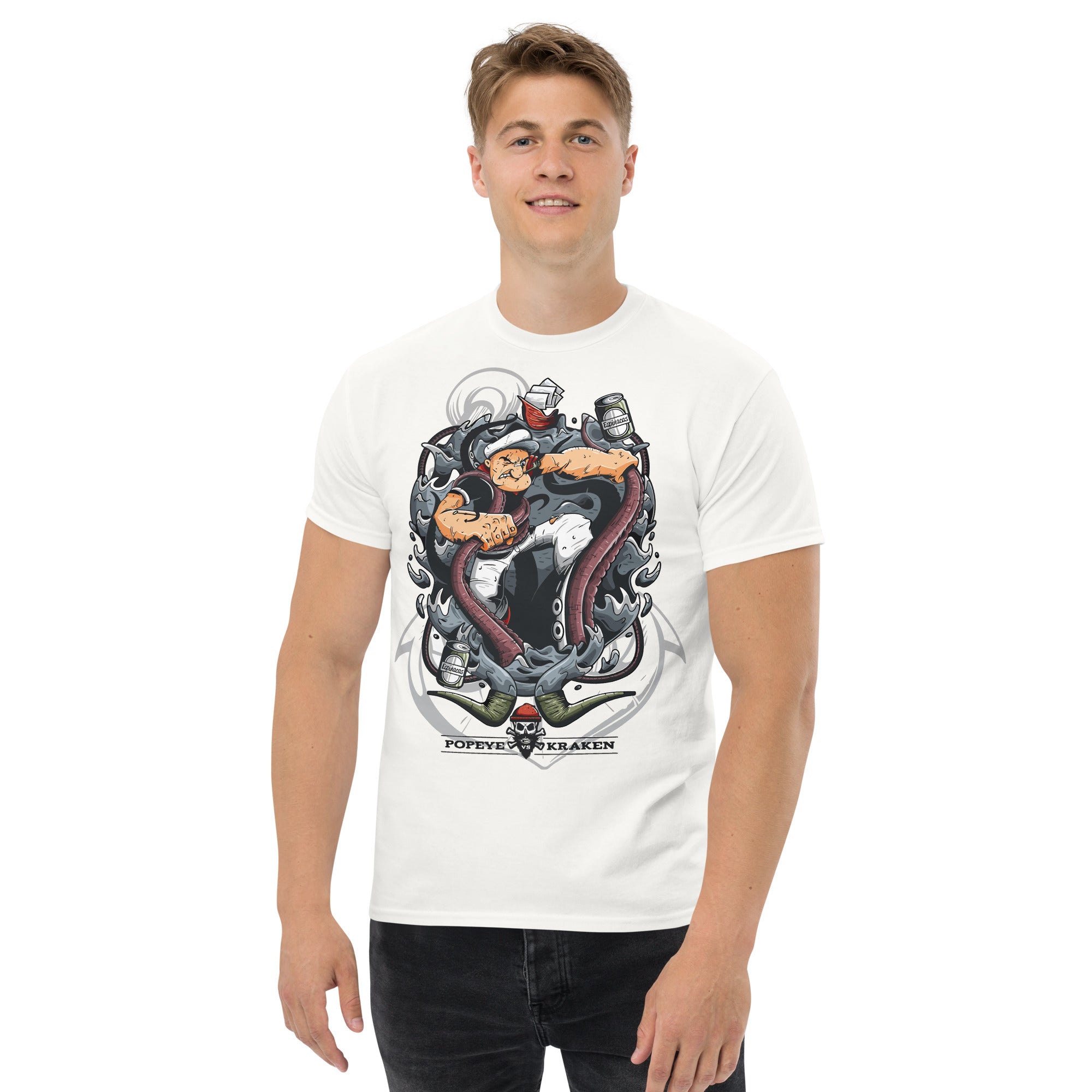 Foto di - T-shirt Stampata Unisex – 100% Cotone – Stile Streetwear e Confortevole – Popeye Vs Kraken-DTG-Biiply