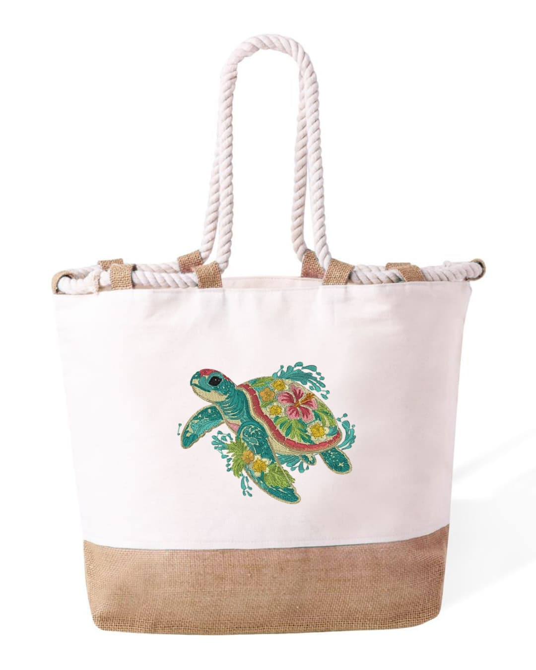 Durable Cotton Beach Bag 280 gsm – Reinforced Long Handles 50 cm – Embroidered Sea Turtle Design