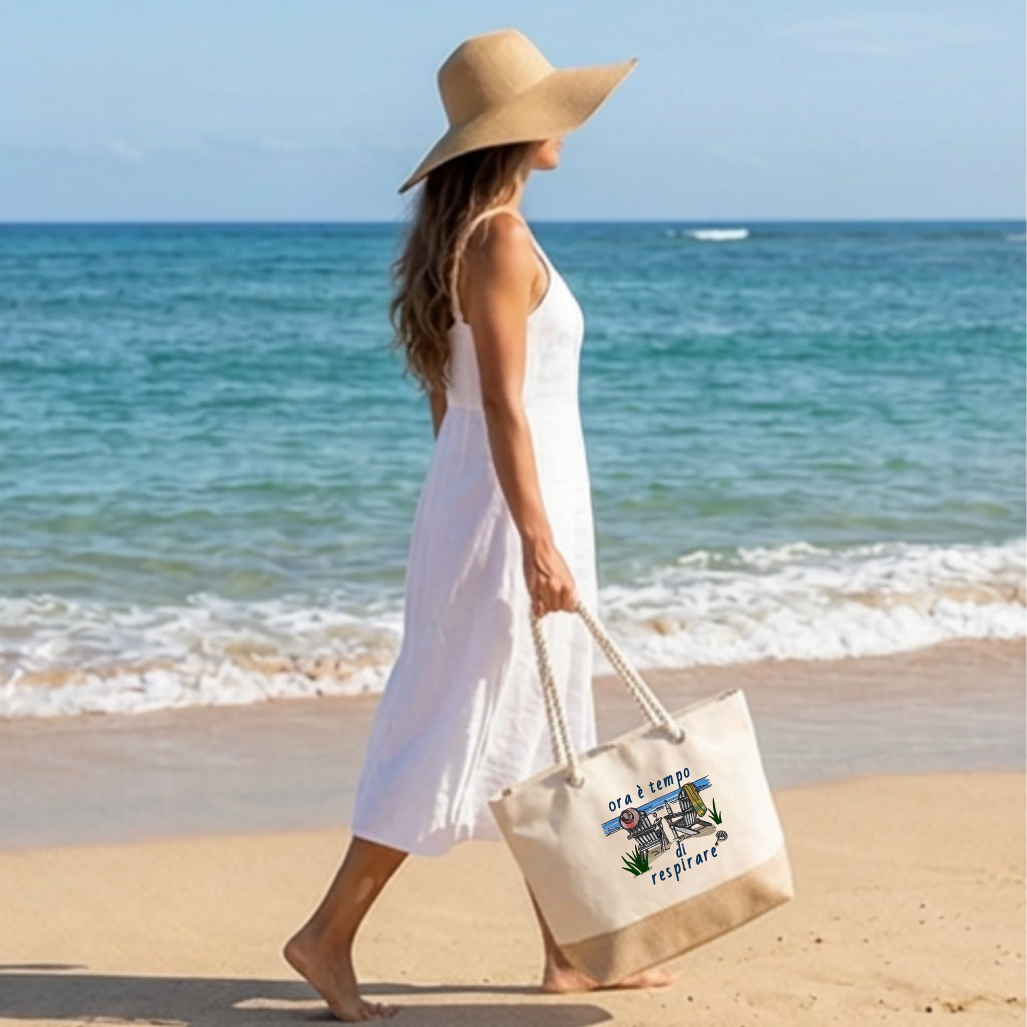 Borsa Mare in Cotone Resistente 280 g/m² 50×34×17,5 cm – Manici Lunghi Rinforzati 50 cm – Design Ricamato ora è tempo di respirare
