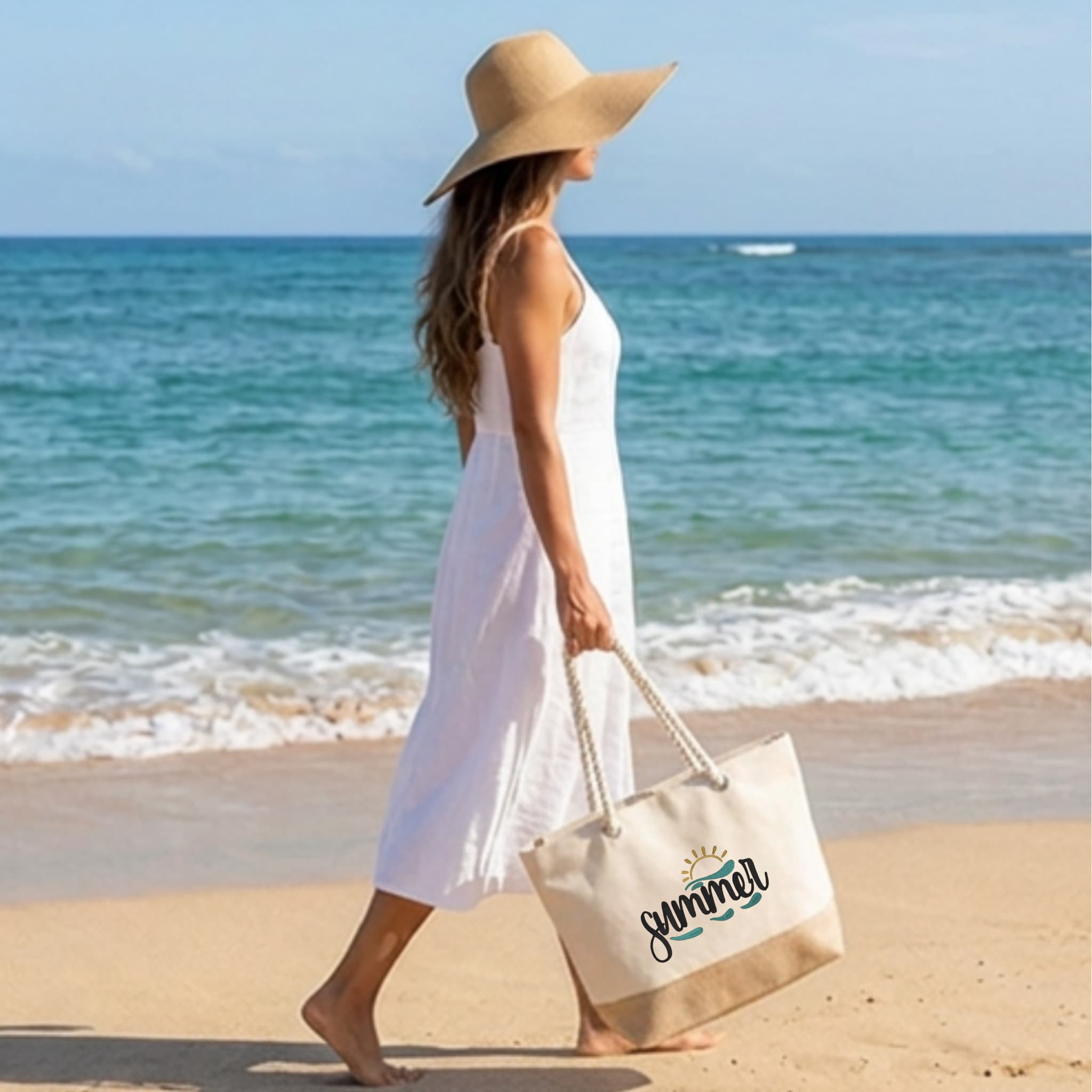 Borsa Mare in Cotone Resistente 280 g/m² 50×34×17,5 cm – Manici Lunghi Rinforzati 50 cm – Design Ricamato Sole e onde