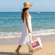 Bolso de playa de algodón resistente 280 g/m² – Asas largas reforzadas 50 cm – Diseño bordado Faro al atardecer