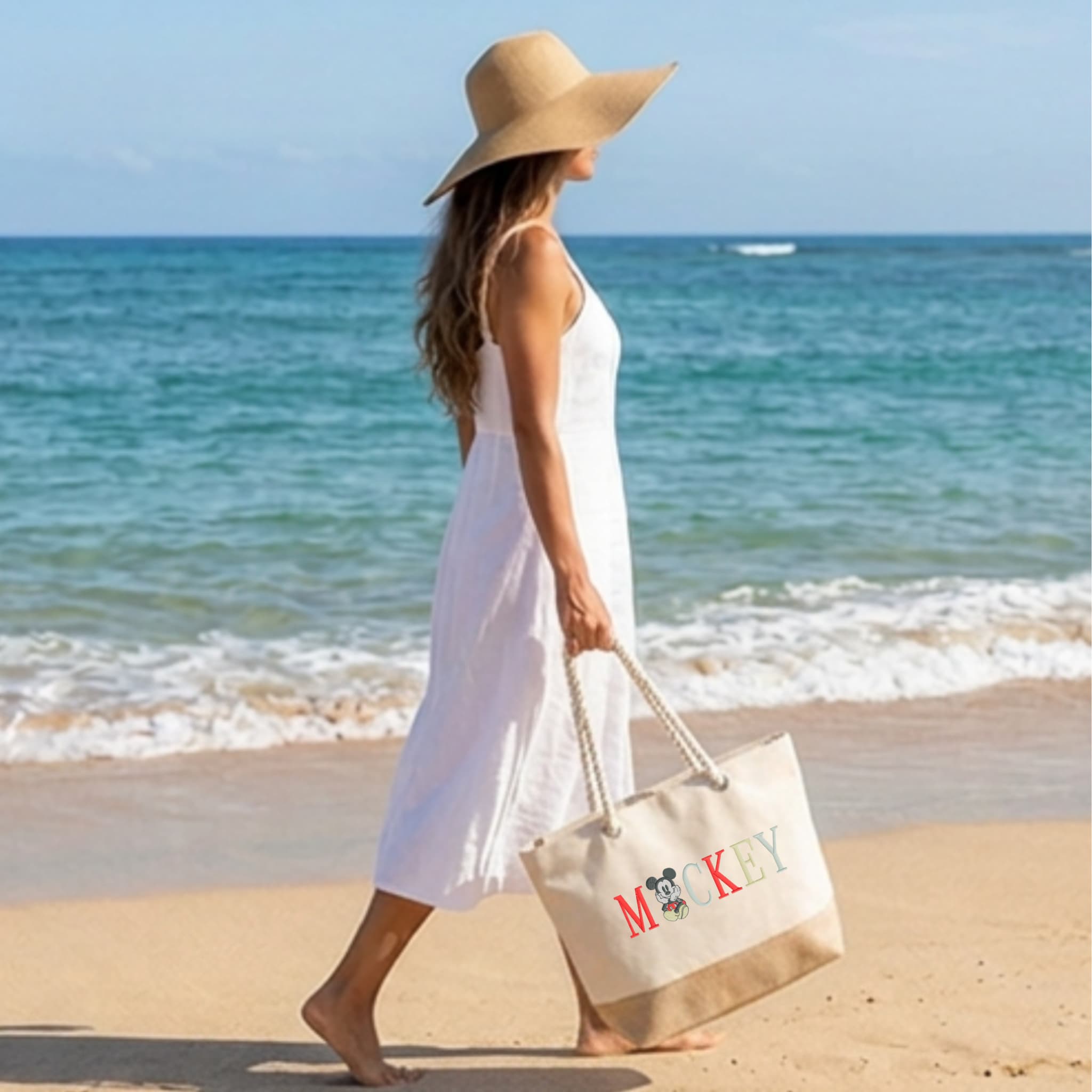 Bolsa de Playa de Algodón Resistente 280 g/m² – Asas Largas Reforzadas 50 cm – Diseño Bordado con Texto de Mickey