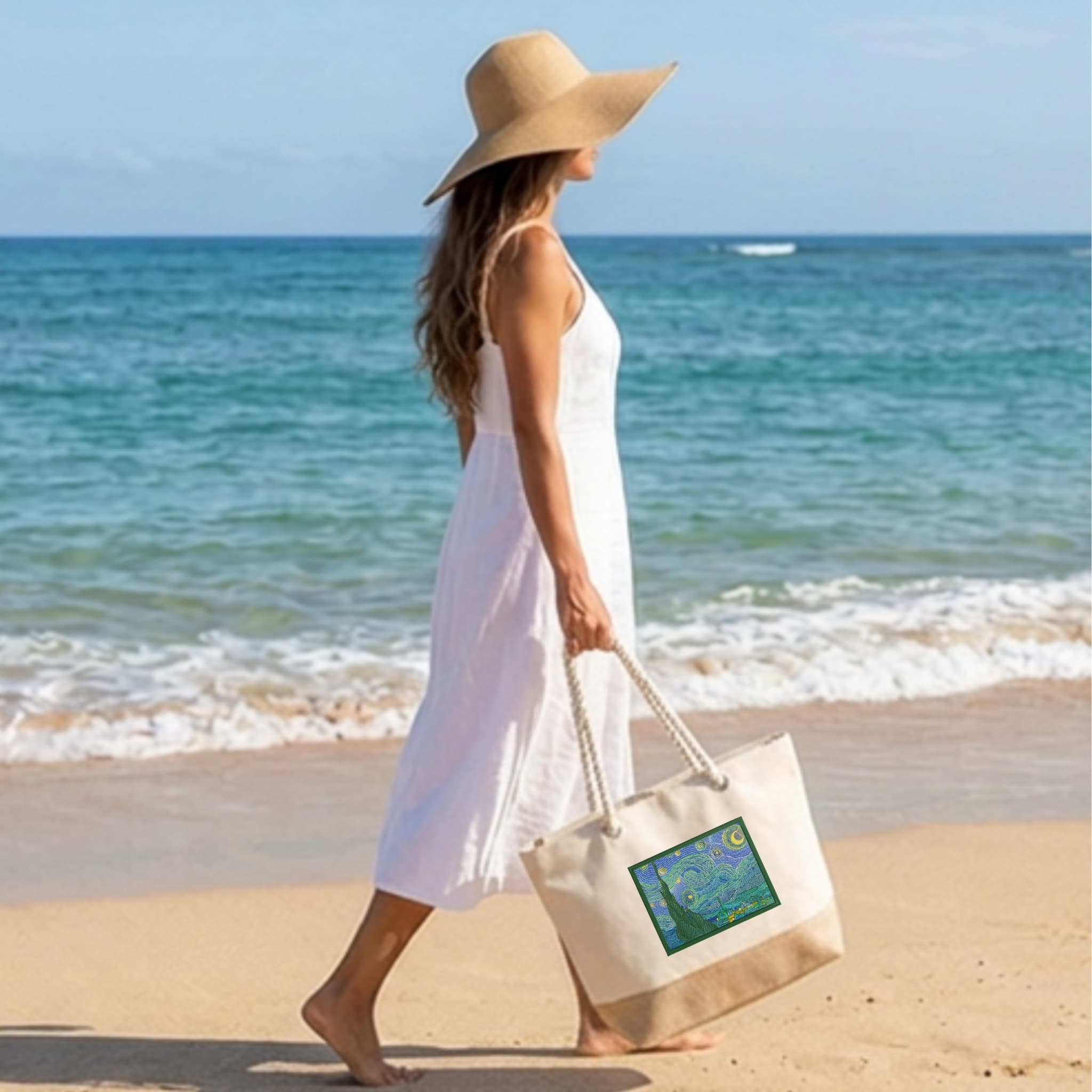 Bolso de Playa de Algodón Resistente de 280 g/m² – Asas Largas Reforzadas de 50 cm – Diseño Bordado Noche Estrellada