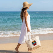 Durable Cotton Beach Bag 280 g/m² – Reinforced Long Handles 50 cm – Embroidered Summer Vibes Design