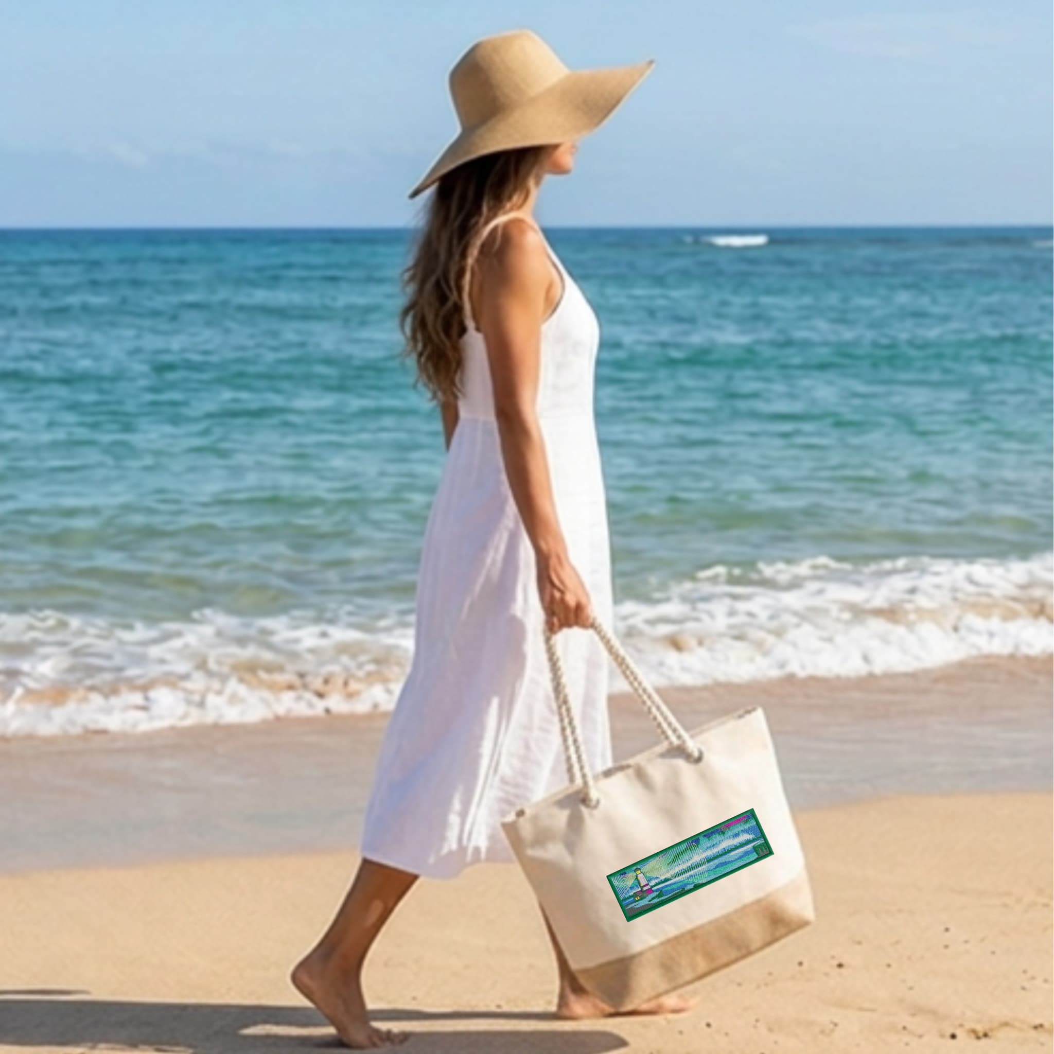 Durable 280 gsm Cotton Beach Bag – Reinforced Long Handles 50 cm – Bordeaux Lighthouse Embroidered Design