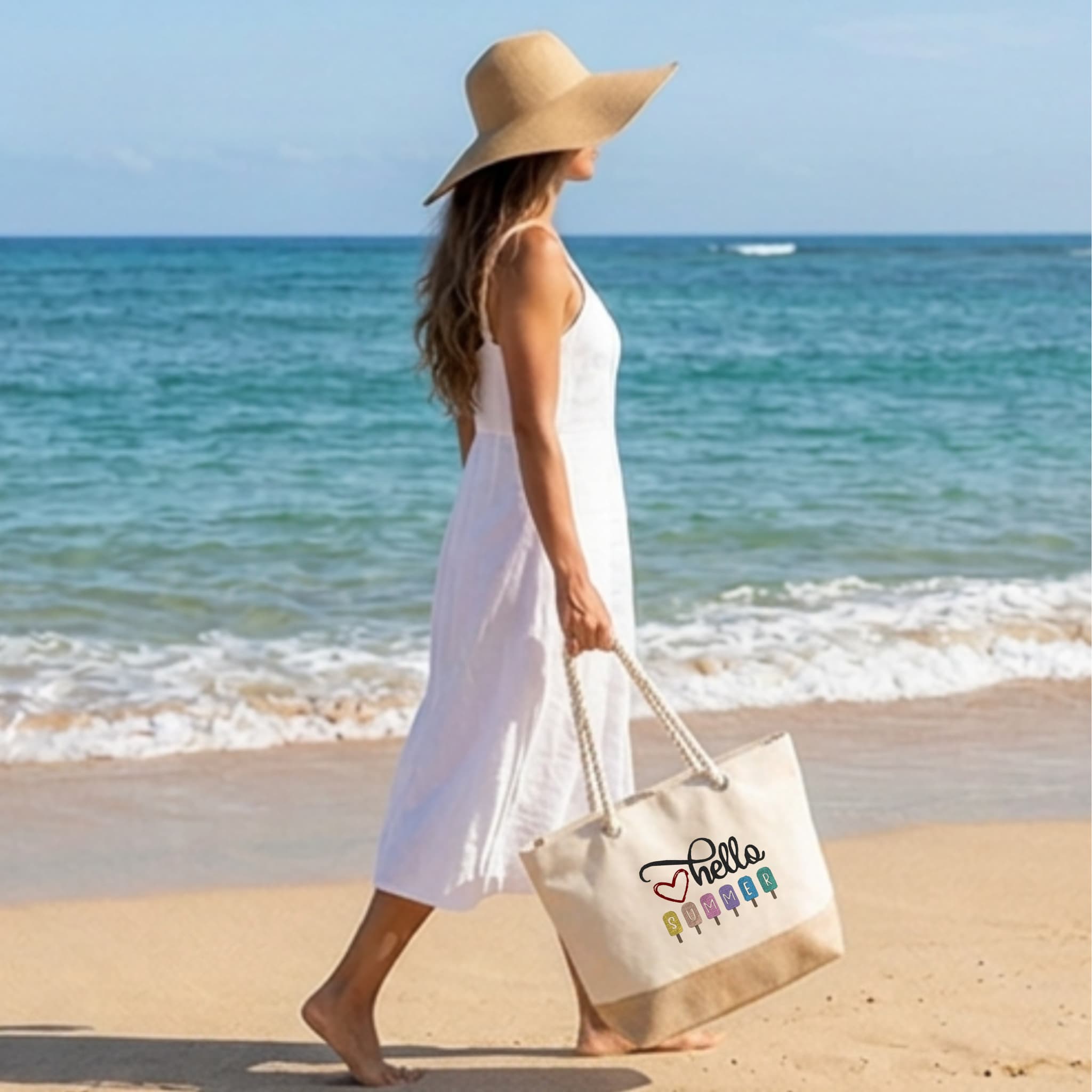 Durable Cotton Beach Bag 280 g/m² – Long Reinforced Handles 50 cm – Embroidered Design with "summer" on popsicles