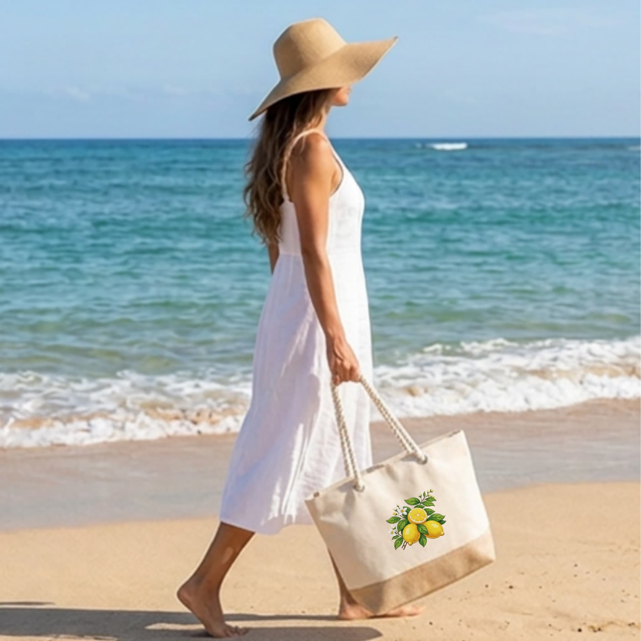Heavy-Duty Cotton Beach Bag 280 g/m² – Reinforced Long Handles 50 cm – Embroidered Lemon Design