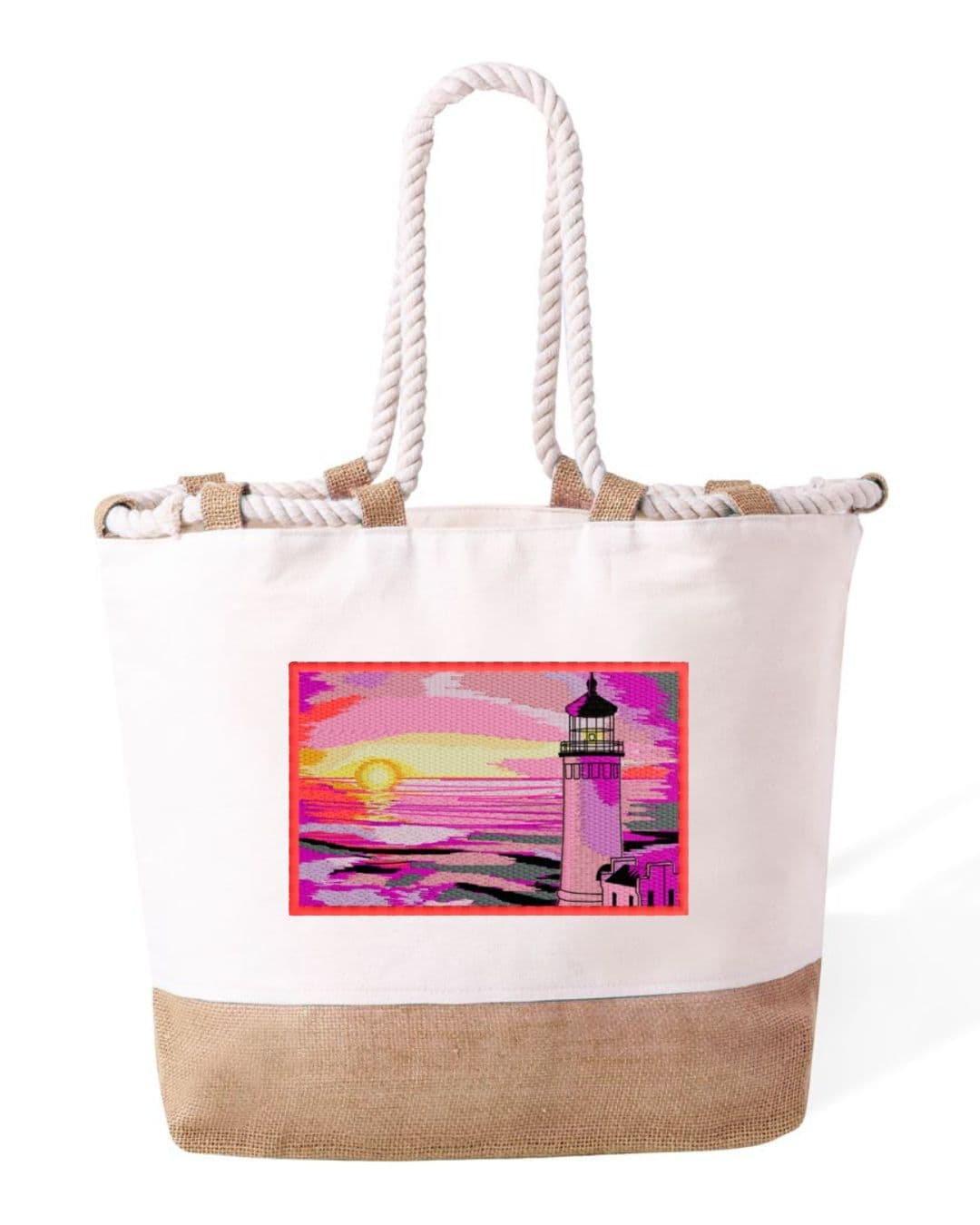 Borsa Mare in Cotone Resistente 280 g/m² – Manici Lunghi Rinforzati 50 cm – Design Ricamato Faro al tramonto