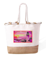 Borsa Mare in Cotone Resistente 280 g/m² – Manici Lunghi Rinforzati 50 cm – Design Ricamato Faro al tramonto