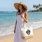 Durable Cotton Beach Bag 280 gsm – Reinforced Long Handles 50 cm – Embroidered Beach Design with Palm Trees
