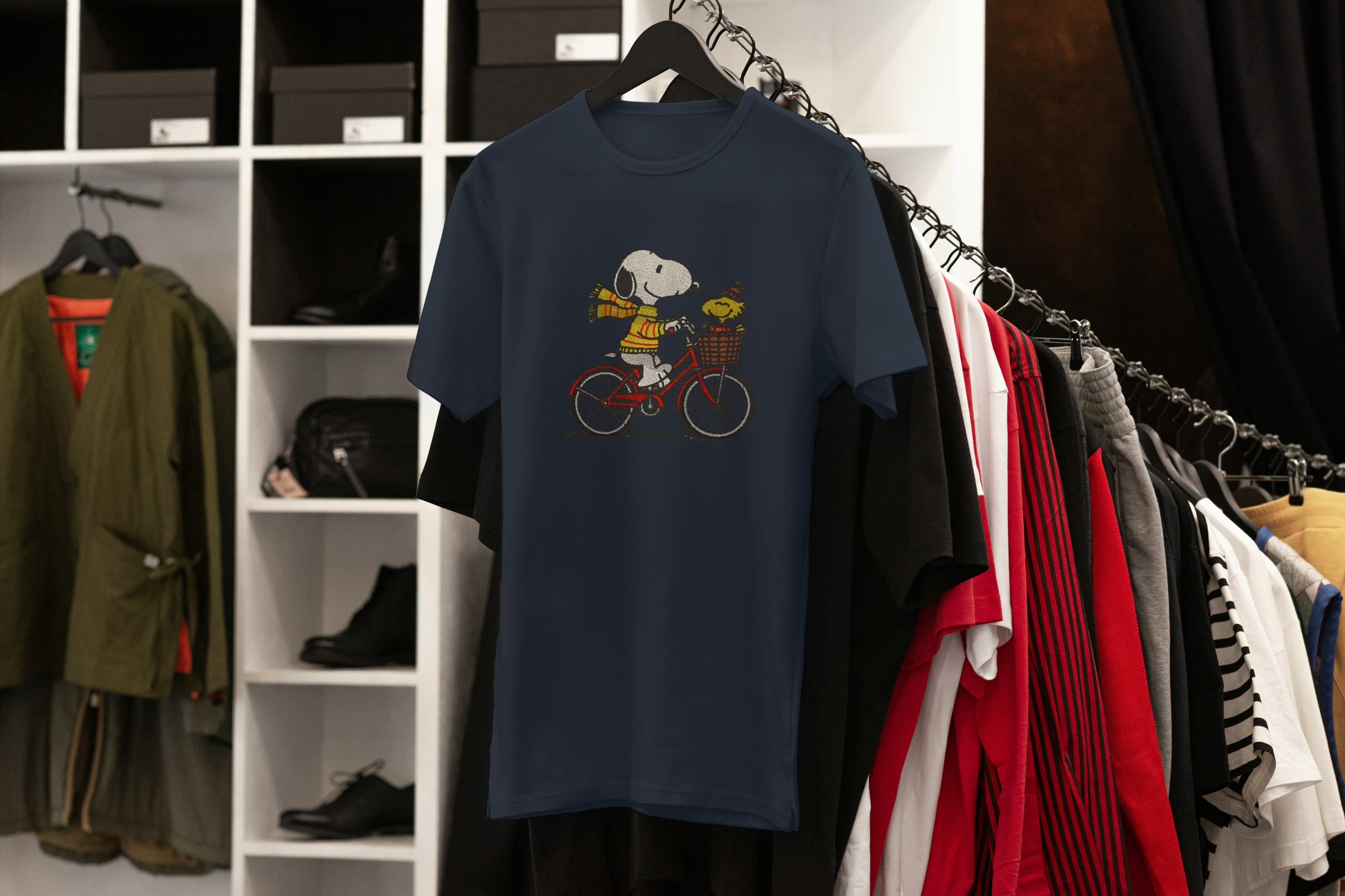 Unisex Embroidered T-Shirt 100% Cotton – Comfortable – Snoopy on Bike Design