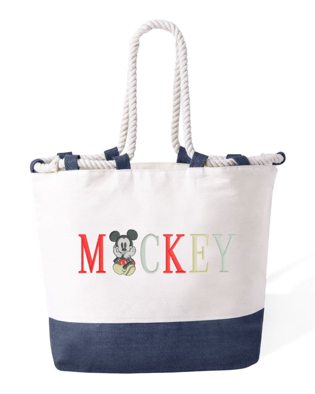 Borsa Mare in Cotone Resistente 280 g/m² – Manici Lunghi Rinforzati 50 cm – Design Ricamato Scritta Mickey