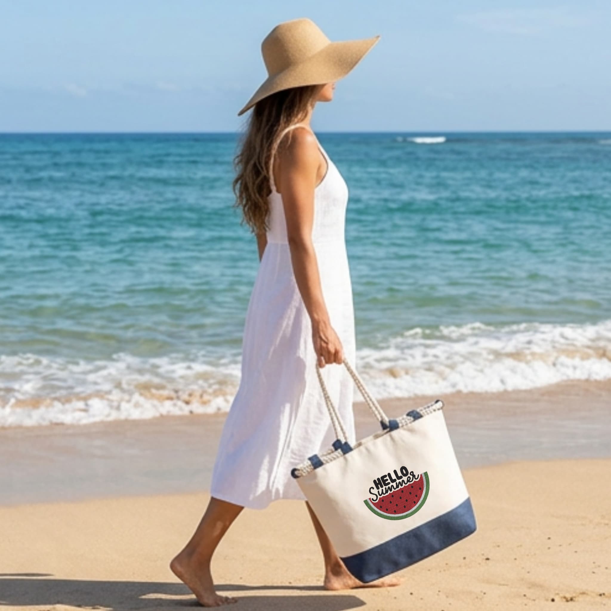 Durable Cotton Beach Bag 280 g/m² – Reinforced Long Handles 50 cm – Embroidered Design with Hello Summer + Watermelon
