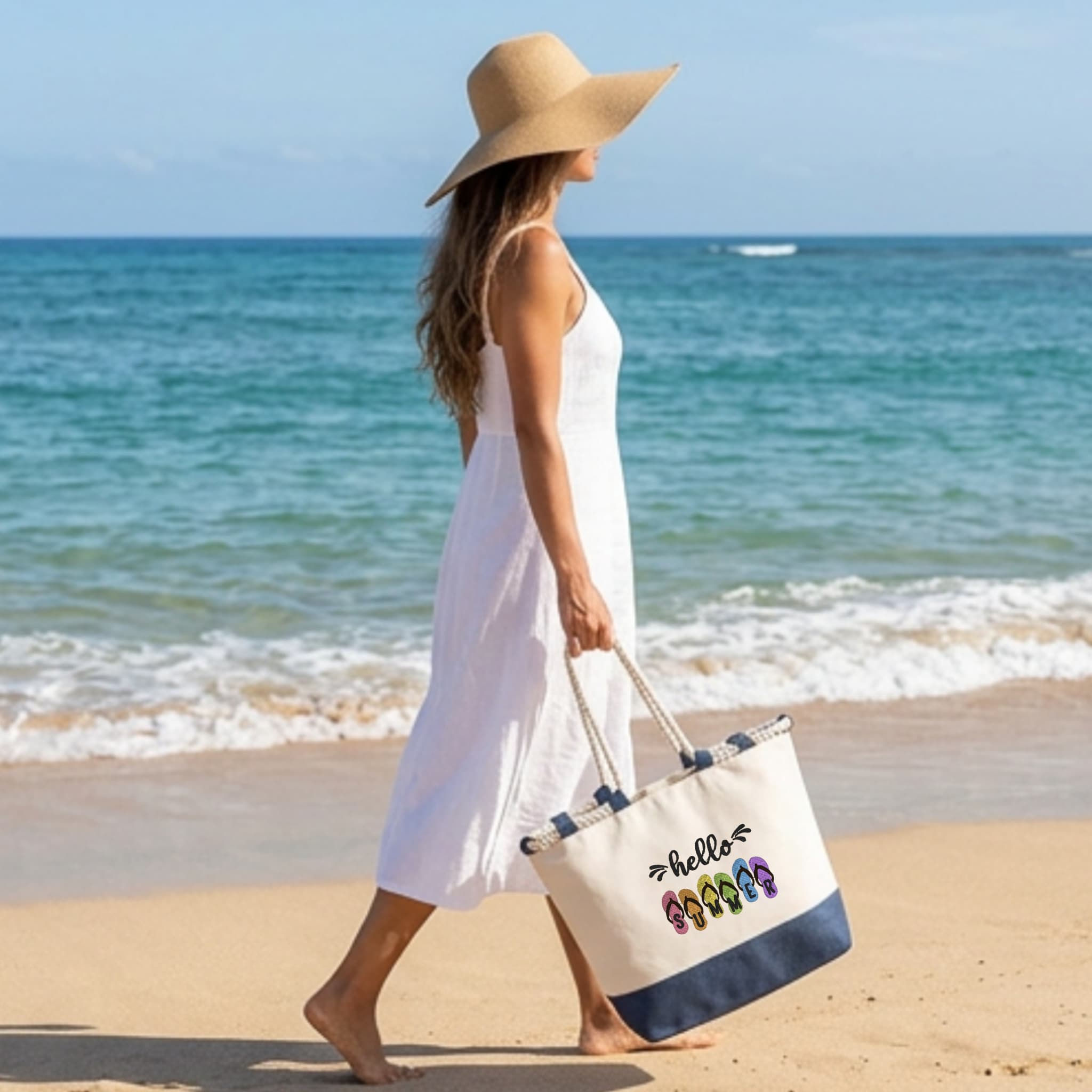 Borsa Mare in Cotone Resistente 280 g/m² 50×34×17,5 cm – Manici Lunghi Rinforzati 50 cm – Design Ricamato con ciabatte e scritta hello summer