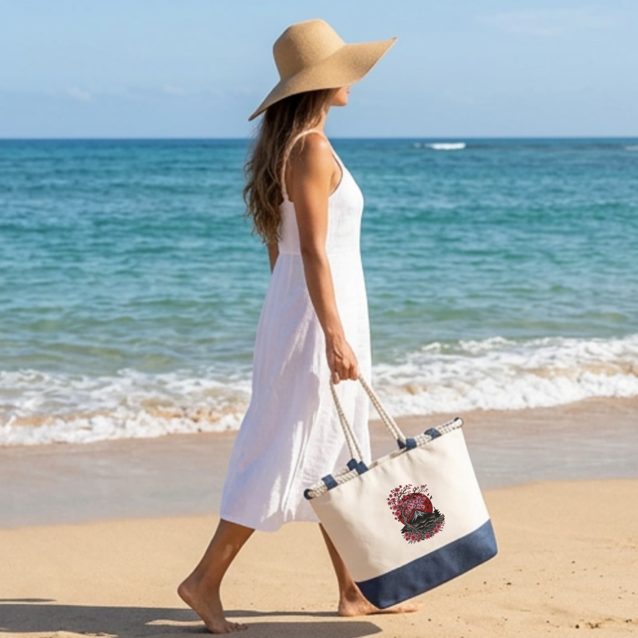 Bolso de Playa de Algodón Resistente 280 g/m² – Asas Largas Reforzadas 50 cm – Diseño Bordado Monte Fuji